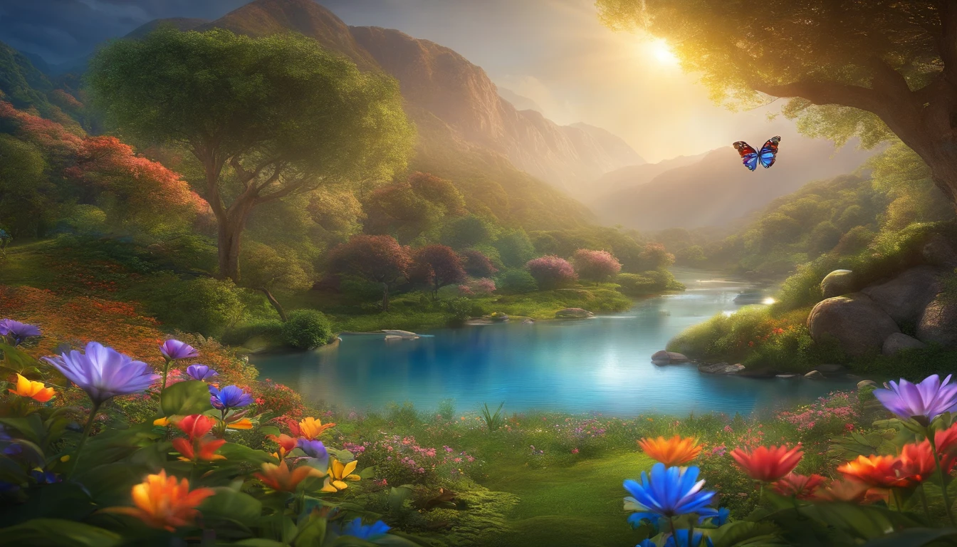 masterpiece, best quality, high quality, extremely detailed cg unity 8k wallpaper, )an extremely colorful environment with vibrant hues and a bright sky), a person meditating, landscape of a stream, colorful trees, glittering fruits, and bright blue flowers, (the streams are a deep shade of blue green), and the air is filled with sweet exotic scents, (the environment appears to be taken out of a dream), with luminescent butterflies and giant colorful birds flying around, award winning photography, bokeh, depth of field, hdr, bloom, chromatic aberration, photorealistic:1.3, extremely detailed, trending on artstation, trending on cgsociety, intricate, high detail, dramatic, art by midjourney,