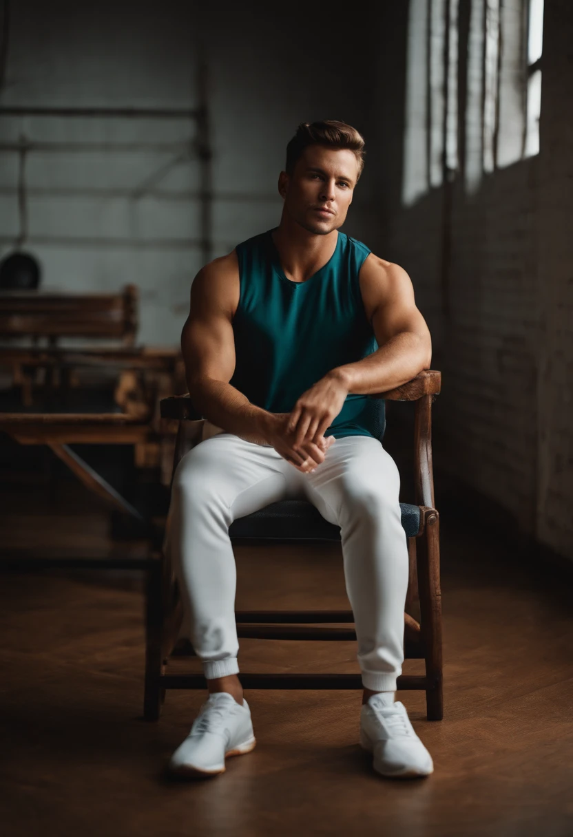 Sporty man on a chair looking at the camera to say a quote