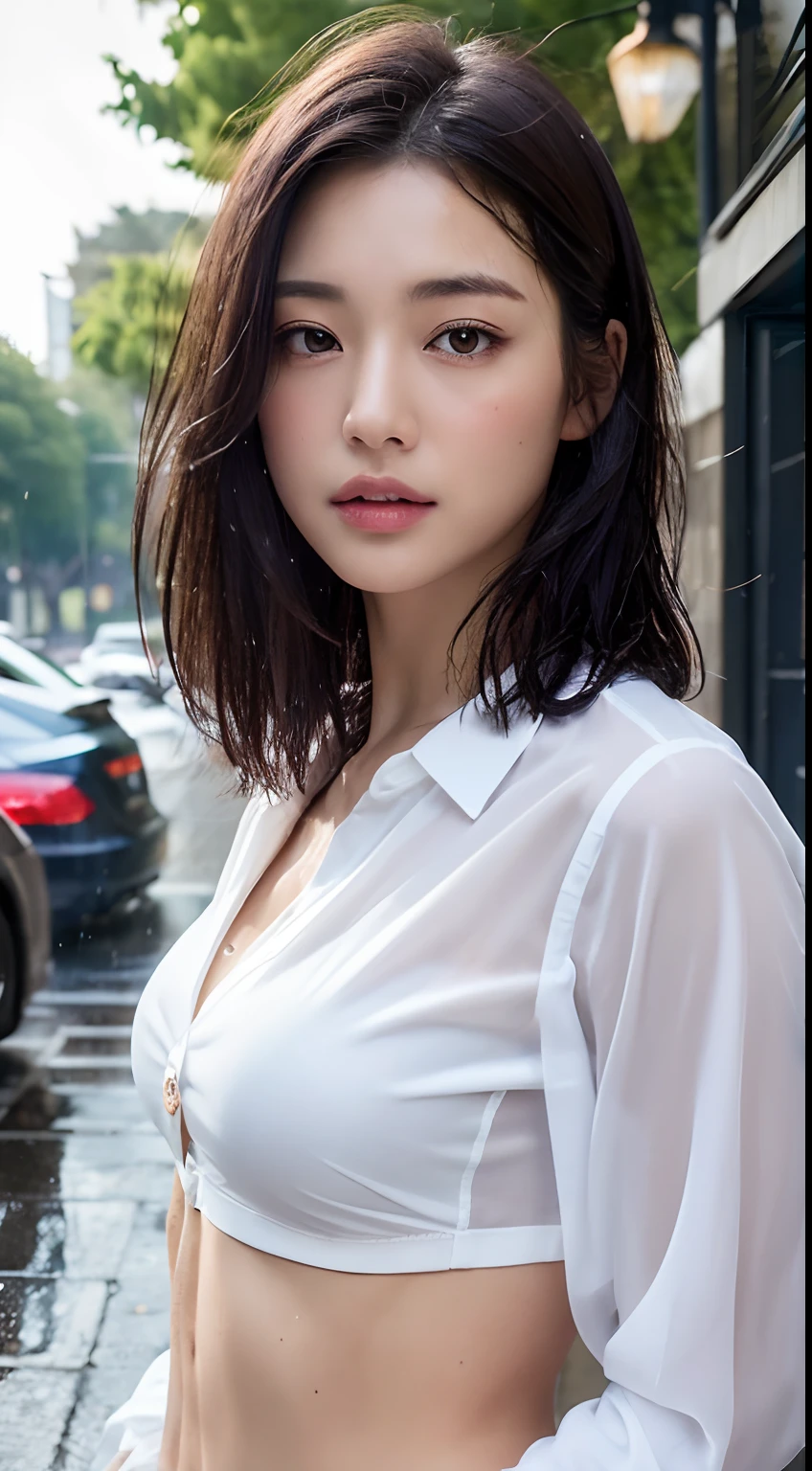 ((Best quality, 8k, Masterpiece: 1.3)), Sharp focus: 1.2, A beautiful woman with perfect body: 1.4, Slim abdomen: 1.2, ((Layered haircut, Large breasts: 1.2)), (no bra) (Small and beautiful hard nipple) (Thin and damp button up to shirt length: 1.1), (White shirt wet by rain), (Rain, Street: 1.2), Wet body: 1.1, Highly detailed face and skin texture,  Detailed eyes, Double eyelid, tanned skin, sexy, tan