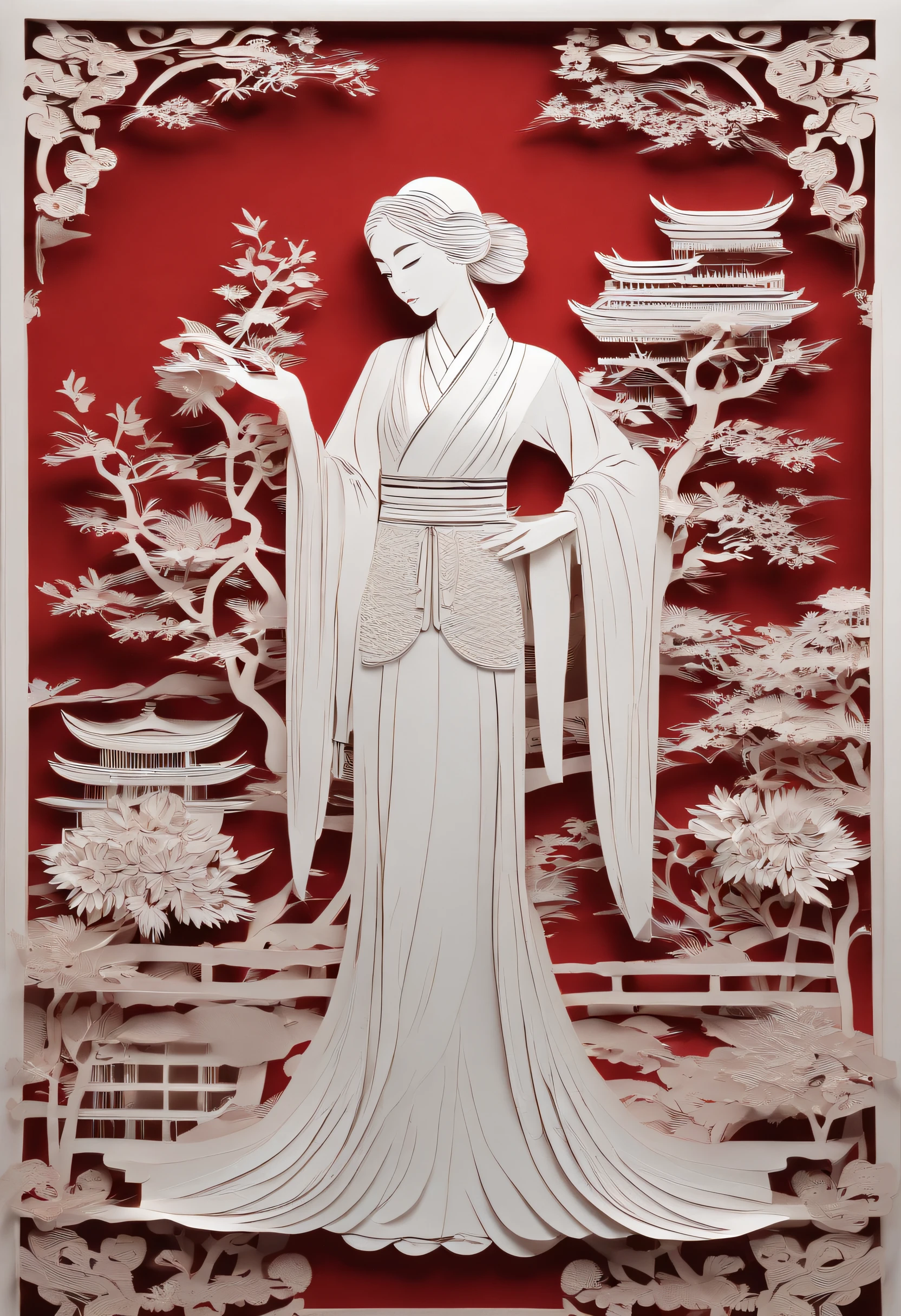 masterpiece, A Chiense woman in a hanfu, beautiful render of a fairytale, in the style of paper art, painting of beautiful, beautiful as the moon, very intricate masterpiece, painted metal, beautiful intricate masterpiece, multiple layers, Mysterious, Ancient China background, red