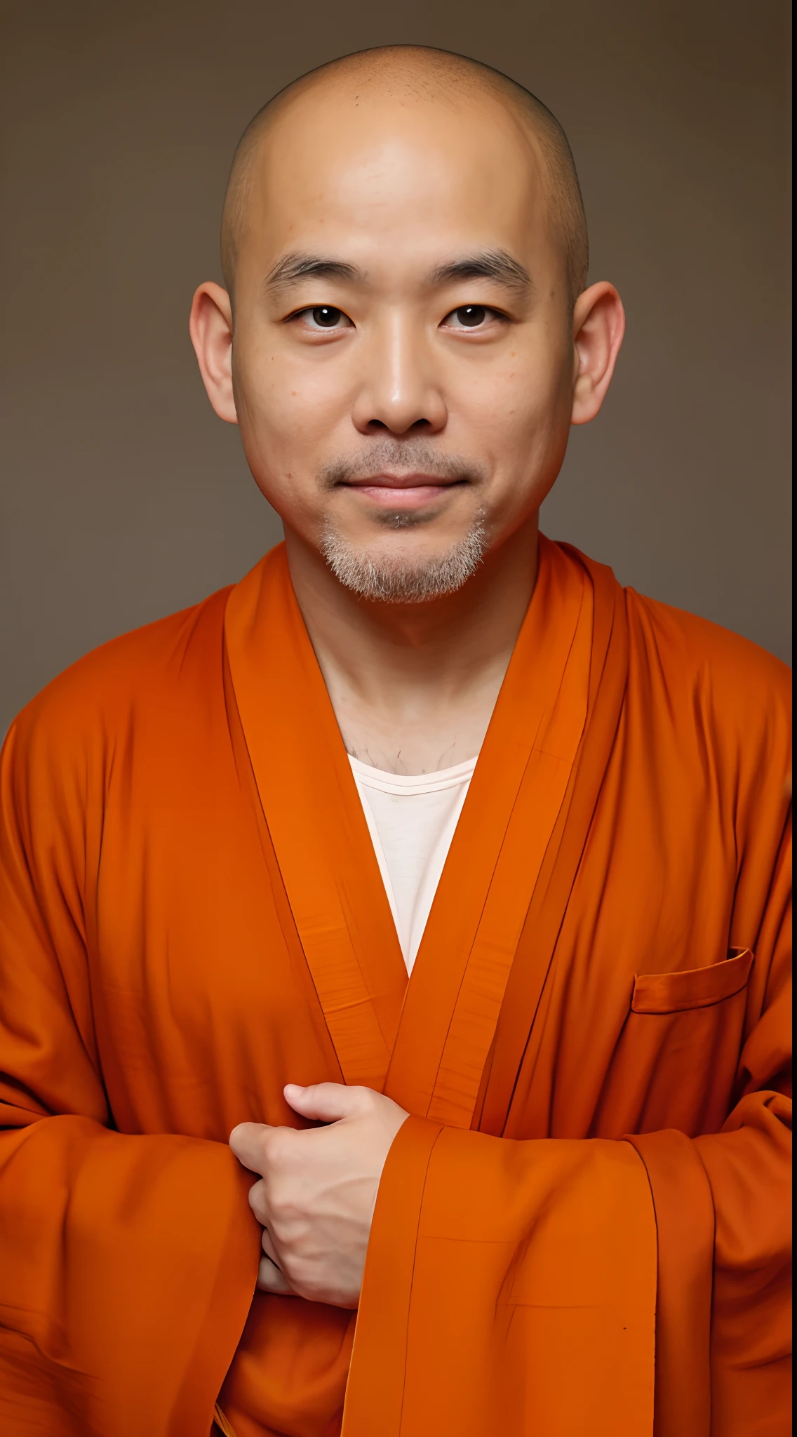 Wearing an orange monk's robe，40-year-old Asian monk，frontage，upperbody closeup，bald-headed，sbeard