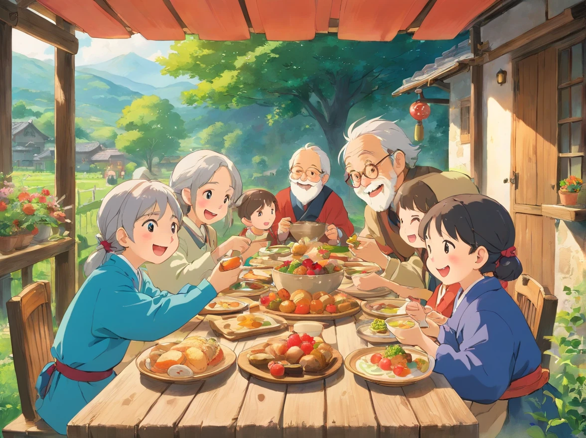 old man eating breakfast in the countryside, children playing, traditional festival, joyful atmosphere, cozy outdoor setting, traditional food, vibrant colors, warm sunlight, rustic scenery, laughter and happiness, multi-generational gathering, cultural traditions, delicious aroma, excited children, festive decorations, homemade dishes, lively rural community, morning activities, elders sharing wisdom, cheerful atmosphere, storytelling and laughter, traditional costumes, traditional music, lovely village, sense of togetherness, traditional games, generation gap, countryside charm, old-fashioned charm, simple pleasures, delicious local produce, traditional crafts, community spirit, peaceful countryside, playful pets, fields and crops, rustic table setting, fresh air, scenic beauty, family values