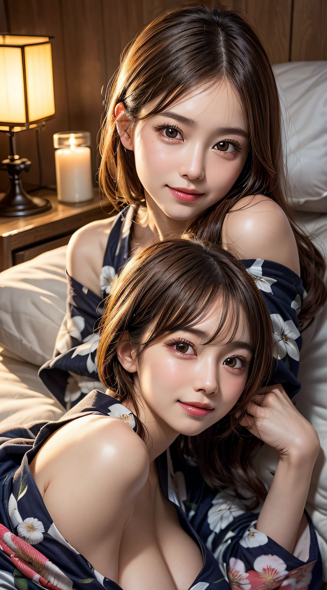 1girl, extremely cute face, Amazing face and eyes, (highly detailed eyes, highly detailed face), Fresh, very clean appearance, (hyper-realistic, hight resolution), (best Quality:1.4), Raw photo, (Realistic, Photorealsitic:1.37), Professional Photography, Cinematic Light, (floral pattern yukata:1.25), (amazing big breasts:1.1), (open yukata), (bare shoulders), Smile slightly, (Lying face up in the futon:1.5), (staring at me), Bedroom, futon, pillow, floral patterned screens, relaxing, lantern light, candle light,