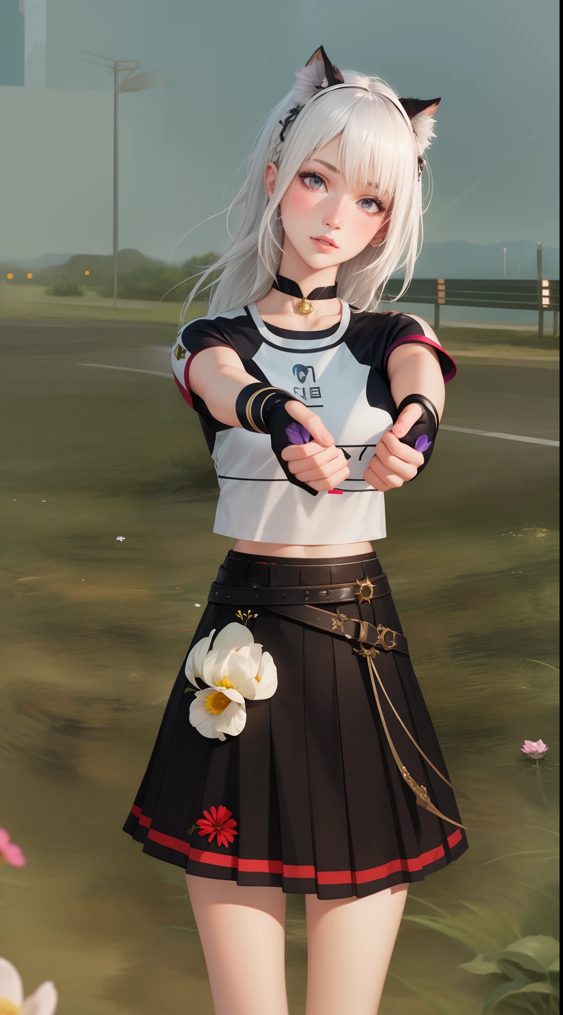 realistic, 1girl, white hair, purple eyes, glowing eyes, crop top, skirt, parted lips, blush, night, flowers, sun, sunlight,