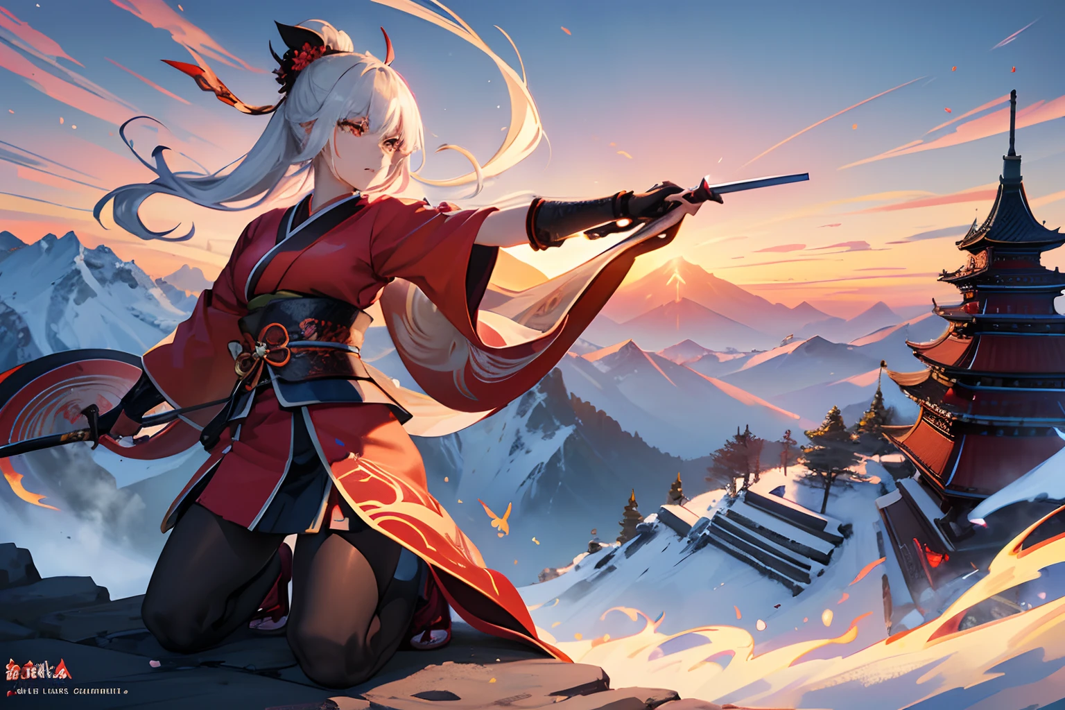 female samurai, beautiful girl, red kimono, silver katana, fluttering clothes, jumping, fight against black dragon, breathing fire, shock waves, flying in the sky, mountain top, moonlit night, (masterpiece, top quality, best quality, official art, beautiful and aesthetic:1.2), (1girl), extreme detailed,(fractal art:1.3),colorful,highest detailed