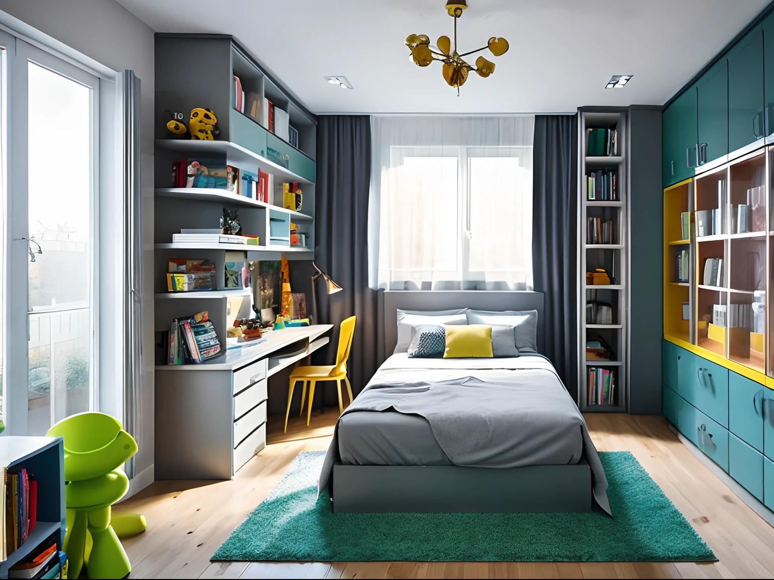 Children's room 9 square meters, for a 6 year old boy, Door & Window, bed, Cabinet for Obezhda, Shelf, desk,Books & Toys, On the floor there is a partet, The walls are light grey, Modern style, bright tones, Lego Decor