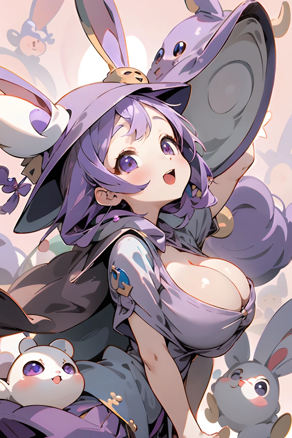 best qualtiy、(From Side)、1girl in、Baby face、Smile with open mouth、Cute Wizard、Round cute eyes、big eye、Sauce order、Beautiful purple eyes、Rabbit ears、Wizard's Clothing、The wizard's big wand、Colossal tits、cleavage of the breast、Wizard Hat、micromini skirt、Perch Pose、simple background、