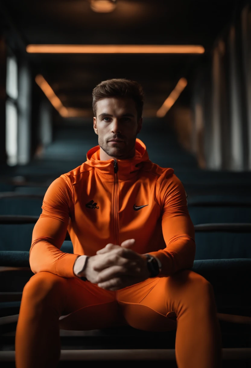 Sporty man in an orange seat looking at the camera to say a quote , dans une salle de sport , Dark backgrounds