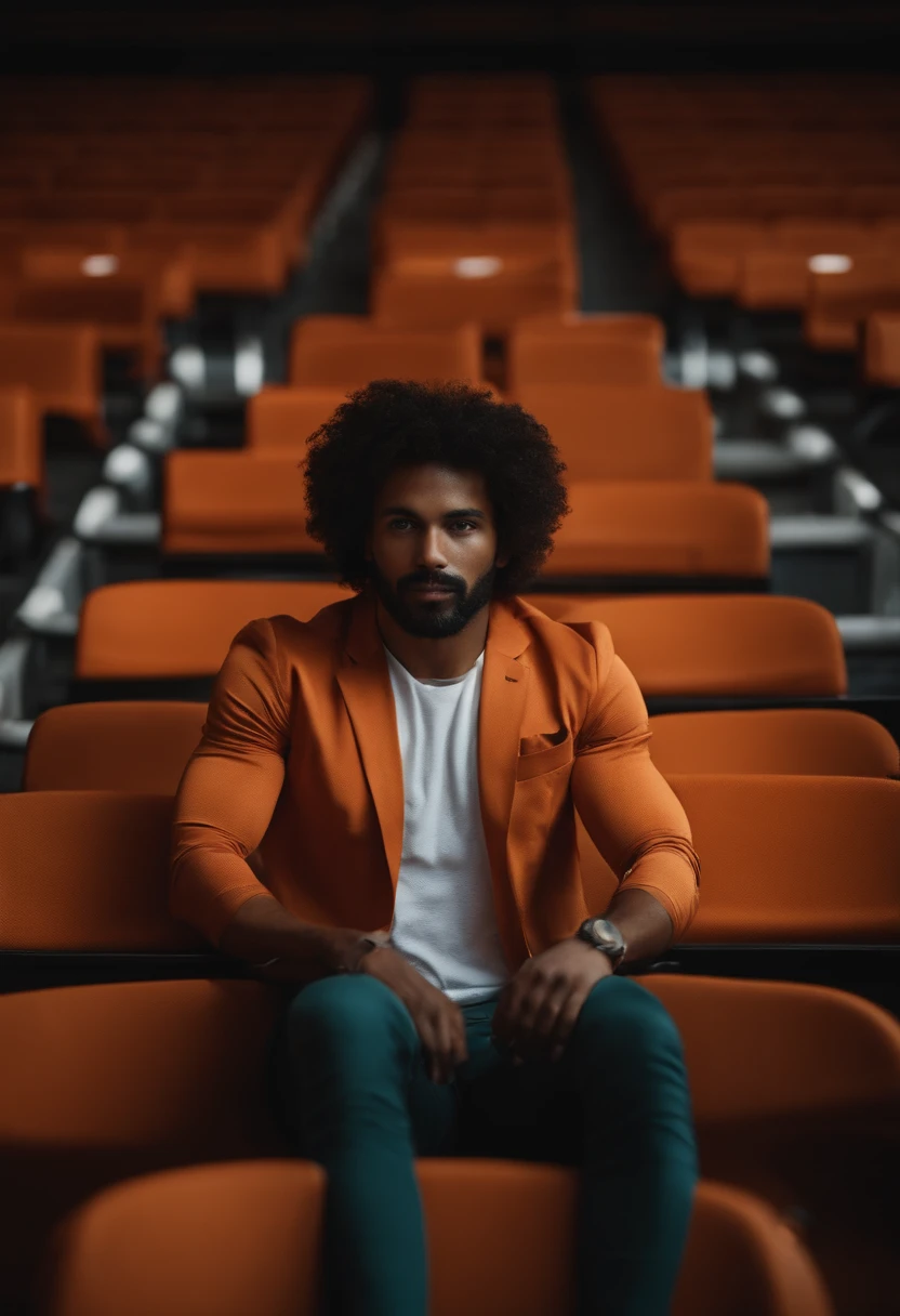 Sporty man in an orange seat looking at the camera to say a quote , dans une salle de sport , Dark backgrounds
