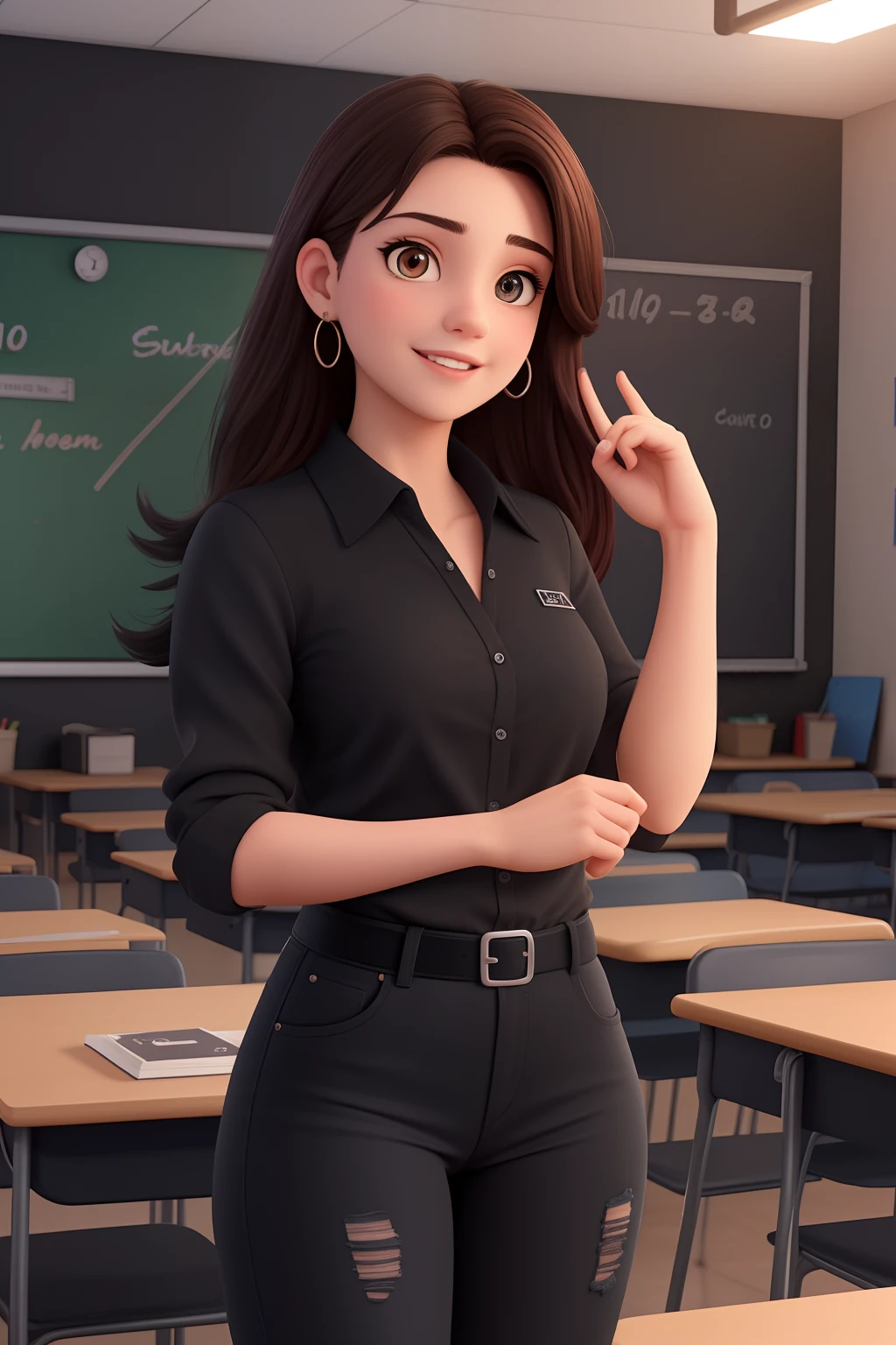 Uma mulher de 18 anos, com longos cabelos castanhos, Rosto redondo, sorriso encantador, e olhos castanhos, Classroom with studio lighting, sign language interpreter and sign language teacher wearing black outfit, black blouse and black jeans