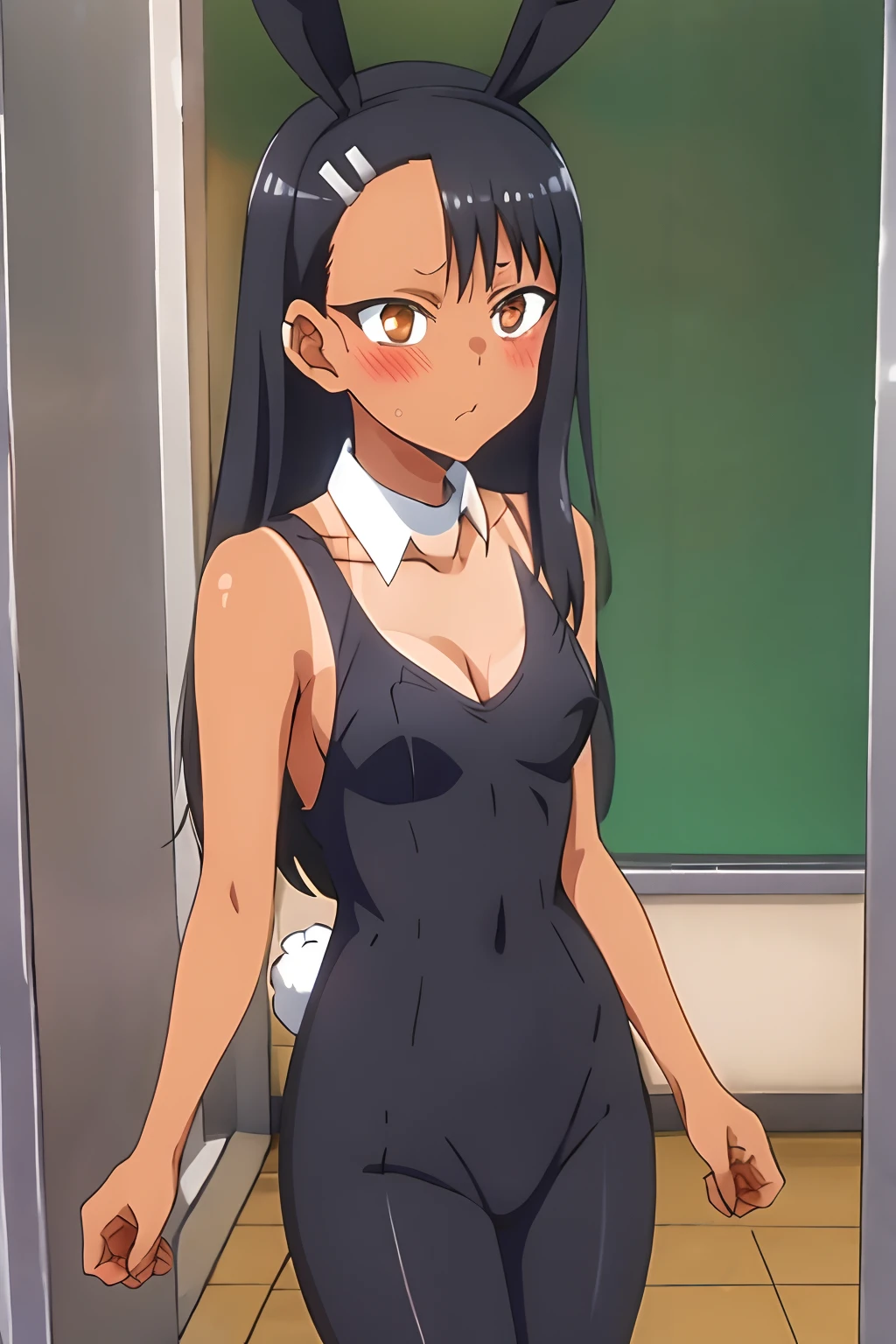 1girl, solo, small breast, masterpiece, professional artwork, famous artwork, perfect face,nagatoro hayase, brown eyes, hairclip, black hair, cowboy shot, black hair, beautiful face, intense look, ((perfect female body, narrow waist)), background classroom,((tan lines)), looking at viewer, (((black bunny suit))), standing, (close up), cleavage, bunny ears