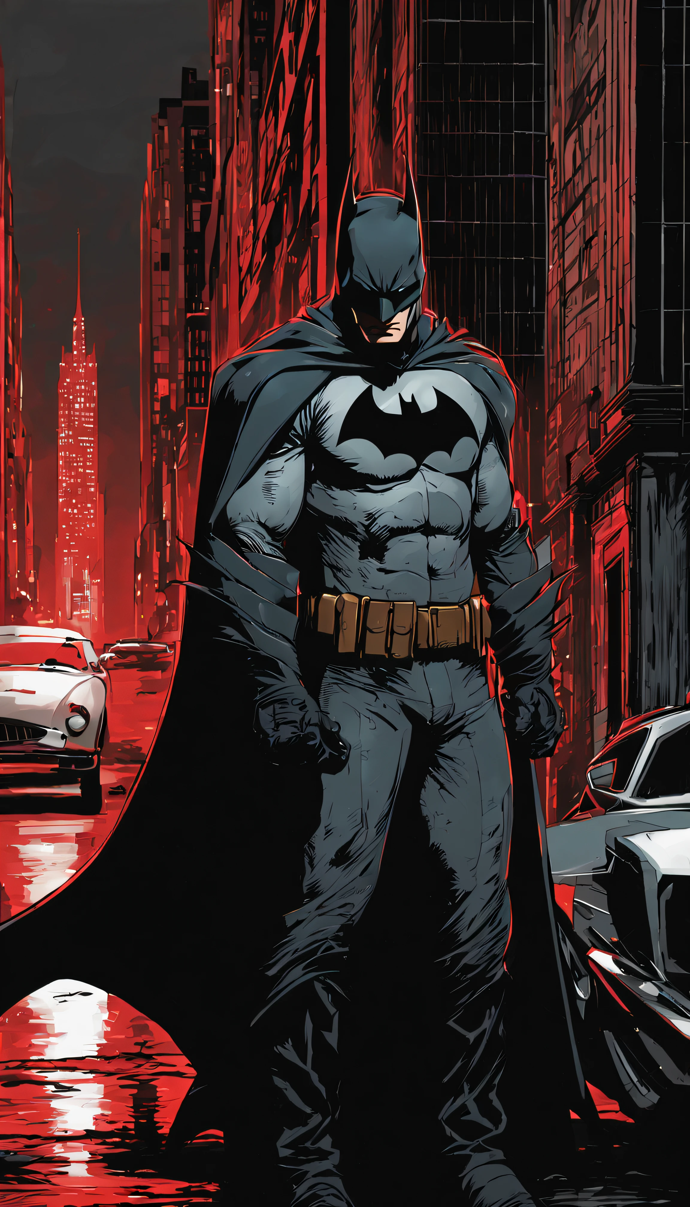 Explore the dark and gritty streets of Gotham City as Batman, the caped crusader, in a stunning noir-style rendering that captures the brooding atmosphere of the city.”to futuristic bad eyes, red eyes