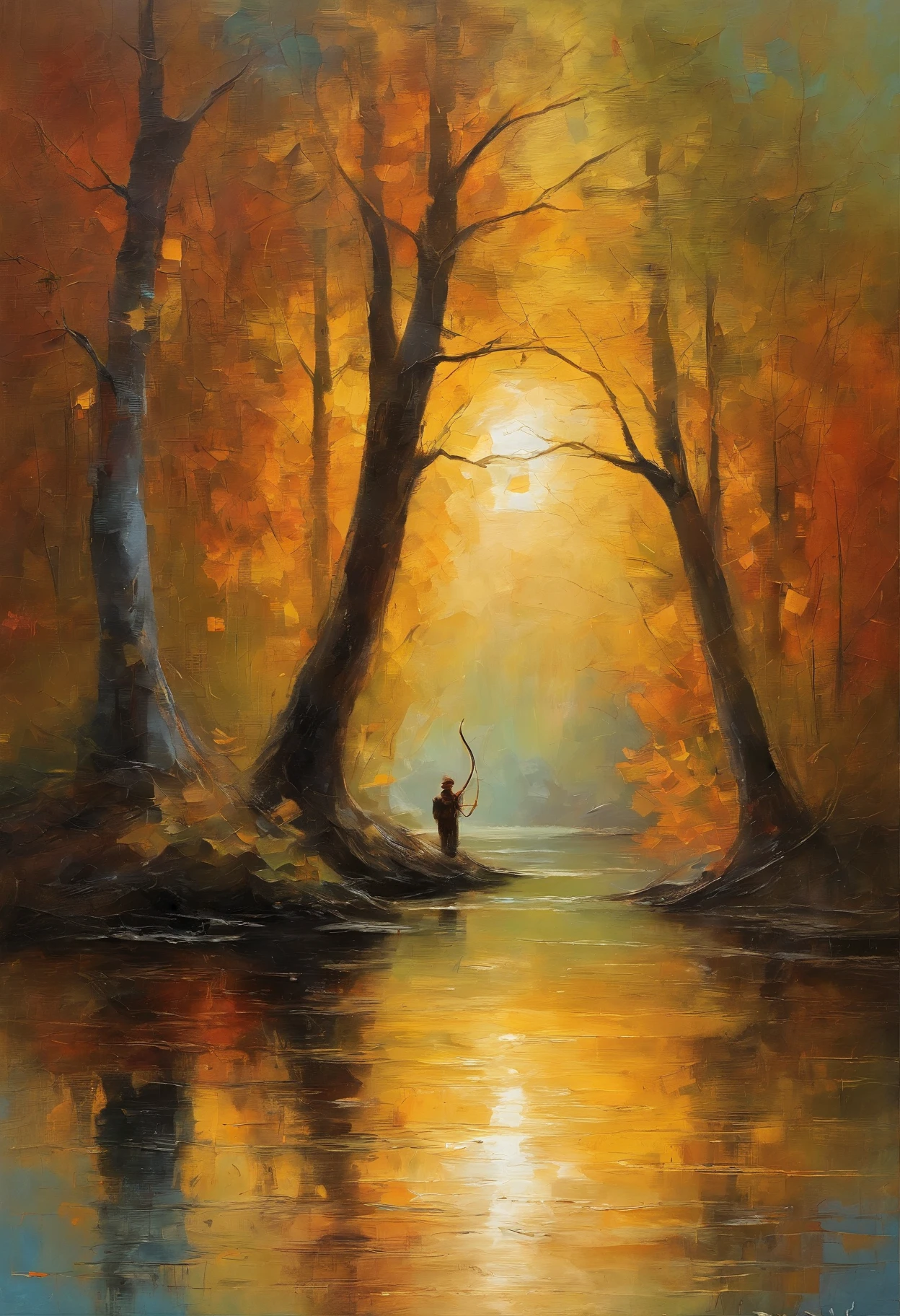 archery scene,Turner style,oil painting,vibrant colors,soft brushstrokes,impressionistic,beautifully captured sunlight,forest background,archer aiming precisely,bow and arrows,subtle texture,rich palette,graceful movements,atmospheric perspective,dramatic light and shadow,ethereal atmosphere,sublime nature,the thrill of the sport,passion for precision,silhouettes against the sky,majestic trees,intricate details,expansive landscape,serene and powerful,feeling of tranquility,play of light on the leaves,subtle reflections in the water,dynamic composition,expressive brushwork,sublime beauty,contrast of warm and cool tones,impressive mastery of technique,awe-inspiring scene.