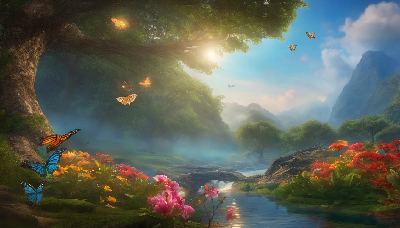 a person meditating, masterpiece, best quality, high quality, extremely detailed cg unity 8k wallpaper, )an extremely colorful environment with vibrant hues and a bright sky), landscape of a stream, colorful trees, glittering fruits, and bright blue flowers, (the streams are a deep shade of blue green), and the air is filled with sweet exotic scents, (the environment appears to be taken out of a dream), with luminescent butterflies and giant colorful birds flying around, award winning photography, bokeh, depth of field, hdr, bloom, chromatic aberration, photorealistic:1.3, extremely detailed, trending on artstation, trending on cgsociety, intricate, high detail, dramatic, art by midjourney,