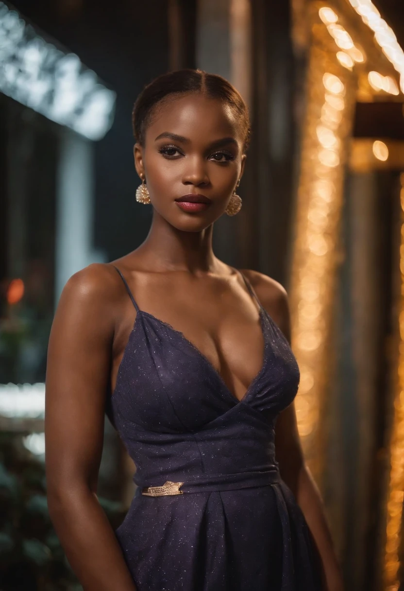 Picture an elegant Afroed woman standing confidently in front of a neon sign that reads "Hot Pot Gold." The image captures the early 2020s style and features a full-body shot of the woman, who is approximately 25 years old. The heavenly background is filled with soft, pastel colors. She is casually dressed, exuding an air of African domme mistress allure. This is an outfit photo that serves as her profile image. Execute this vision in a retro-inspired photography style, using a vintage film camera with a 50mm prime lens, capturing the essence of the era. --ar 16:9 --v 5