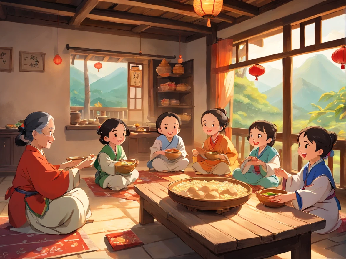 A group of elderly people enjoying breakfast at a round table in a traditional rural setting in Guangxi Autonomous Region. The scene depicts the vibrancy of the local culture and the warmth of festive celebrations. The elderly people are engrossed in their meal, savoring the traditional delicacies and sharing stories and laughter. The round table symbolizes unity and harmony within the community. Meanwhile, children are gleefully playing on the floor, adding liveliness and innocence to the scene.
Details:
- The elders are dressed in traditional clothing, reflecting the rich cultural heritage of the region. (traditional clothing)
- The breakfast spread on the table consists of local delicacies, such as steamed buns, rice cakes, and rice porridge. (steamed buns, rice cakes, rice porridge)
- The table is beautifully decorated with colorful tablecloths and festive ornaments, enhancing the celebratory atmosphere. (colorful tablecloths, festive ornaments)
- The room is adorned with traditional artwork and decorations, showcasing the rural charm of Guangxi. (traditional artwork, decorations, rural charm)
- The sunlight streaming in through the windows casts a warm glow on the scene, creating a cozy and inviting ambiance. (sunlight, warm glow)
- The children playing on the floor are happily engaged in traditional games, such as shuttlecock kicking or paper folding. (traditional games, shuttlecock kicking, paper folding)
- The room is spacious, with wooden beams and a thatched roof, depicting the traditional architecture of the region. (spacious room, wooden beams, thatched roof)
- The elderly people are engrossed in conversation, highlighting the strong bond and sense of community among them. (engrossed in conversation, strong bond)
- The air is filled with joyous laughter and the aroma of freshly brewed tea, further enhancing the festive atmosphere. (joyous laughter, aroma of freshly brewed tea)
Image Quality:
(best quality, 4k, 8k, high resolution, masterpiece:1.2), ult