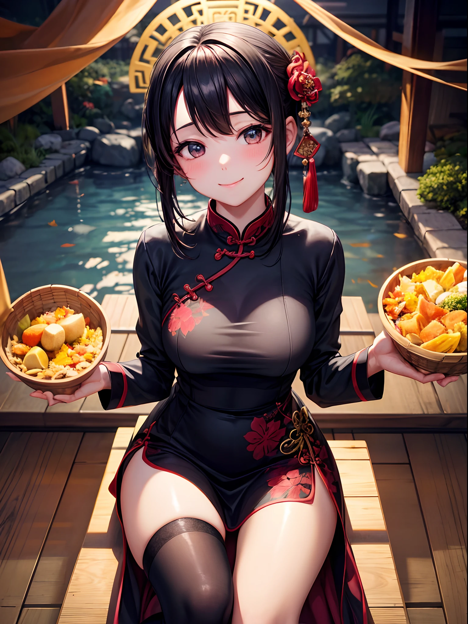 On fallen leaves, Girl sitting on the throne, qipao dress、Wear black knee-high socks、3rd degree W6 Bob Hair. She spreads her right hand forward. sitting on fallen leaves,,,,,. The background is vast, Admire breathtaking foliage views. She is a ager, Extremely cute, Close one eye and smile. She has golden hair, Blushing cheeks, ・Forward bending posture. The ground is covered with fallen leaves. She winks with a twinkle in her eye, There is a flashing effect. She looks up with her gaze. hot onsen、Onsen at night、In terms of image quality, It must have the best quality, Requires 4K or 8K resolution, And become a masterpiece. Images need ultra-detailed elements, Be realistic or photorealistic, Has HDR, nffsw, Studio Lighting. Images must be ultra-fine, Sharp focus and physically based rendering. The colors are vivid、The overall tone should be based on the autumn season. Opening the basket、qipao dress、A smile、Eat meat buns、Halloween、Enjoy Chinese food、the kiss