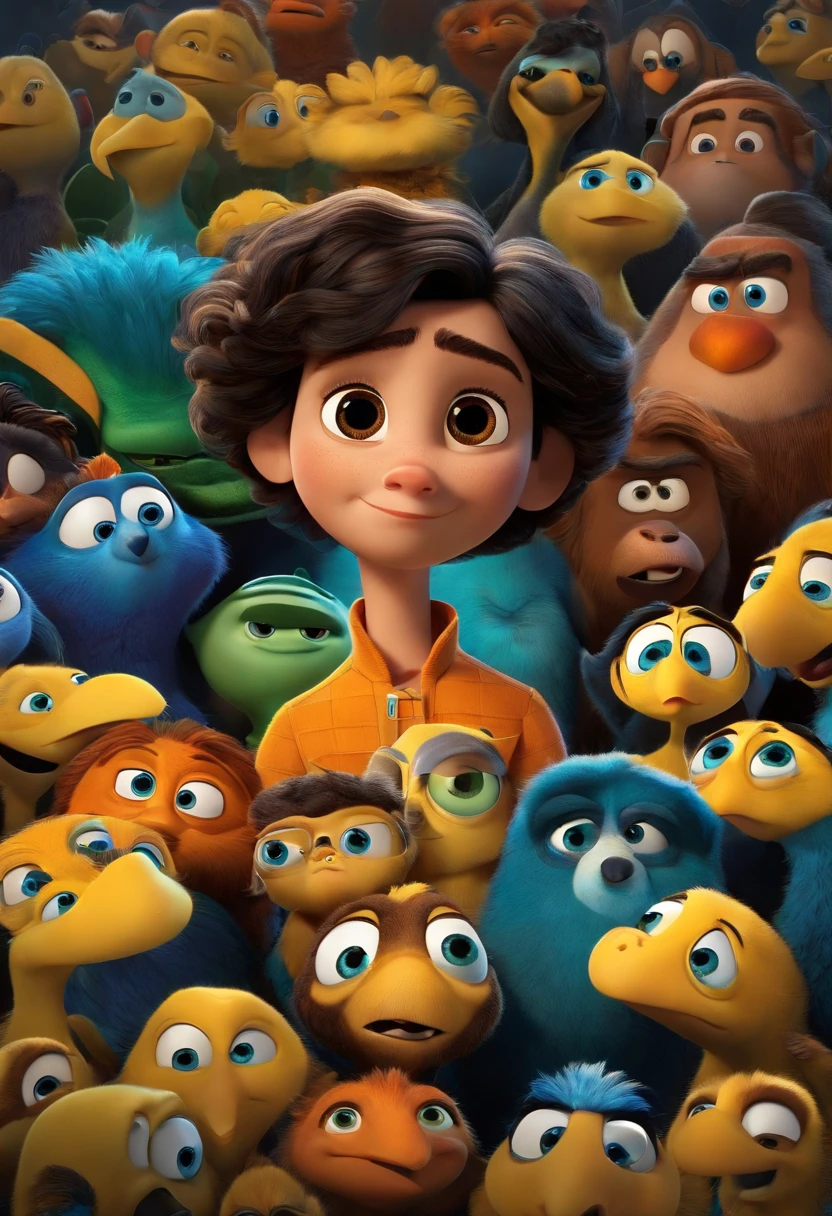 um poster de filme no estilo disney pixar .personagem com olhos castanhos,cabelo curto ,usa jaqueta preta com amarelo, sentado na frente do computador , nome do poster e fenix social media