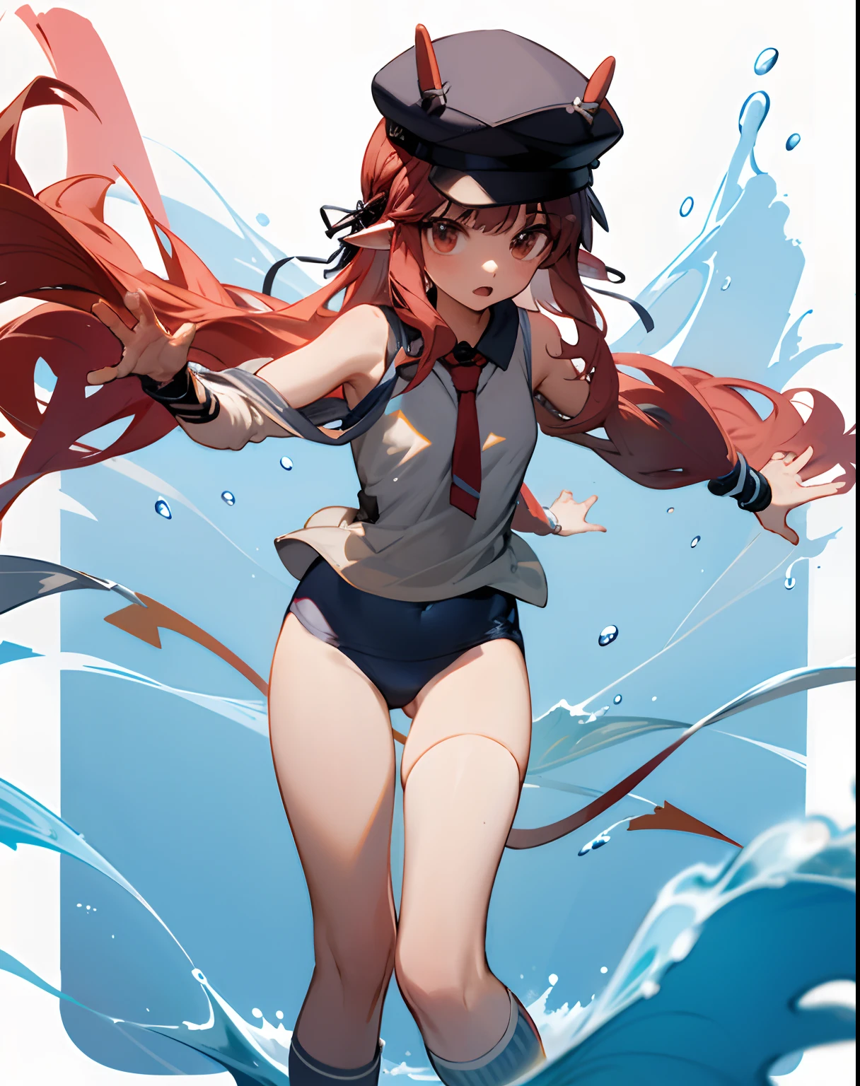 cropped shoulders，knee length socks，Stand up，With a hat on，standing straight，without wearing shoes，swimming uniform，a sailor suit