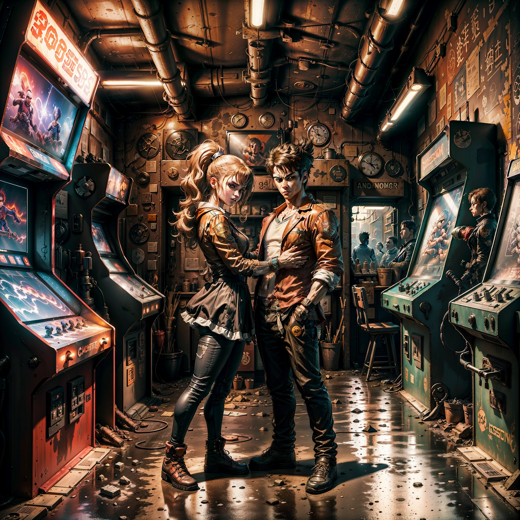 A boy and a girl in the 90's popular arcade arcade, Play Street Fighter fighting games with passion, They stand in front of an arcade machine with a color display, Showcasing the game's exciting visuals. There is a strong sense of nostalgia in the air. The arcade is brightly lit, The walls are decorated with classic game posters and three-dimensional models of game characters, The little boy holds the joystick of the arcade machine, Manipulate his characters quickly and skillfully, Display gorgeous combos and skills on the screen, (fang, anime style, wide shot, sideways, 8k, super detail, ccurate, best quality, anatomically correct, highres)