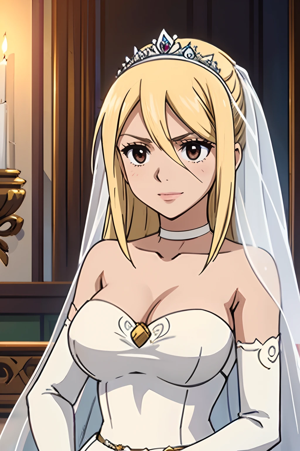 hair between eyes, ahoge, brown eyes,blond hair, star \(symbol\), hair ornament, dress, cleavage, bare shoulders, collarbone, long white elbow gloves, white gloves, white dress, white choker, strapless, tiara, veil, strapless dress, wedding dress, bridal veil, beautiful woman, perfect body, perfect breasts, wearing a wedding dress, ball gown, in the park trees, wedding decorations, a in love smile, realism, masterpiece, textured skin, super detail, high detail, high quality, best quality, 1080p, 16k