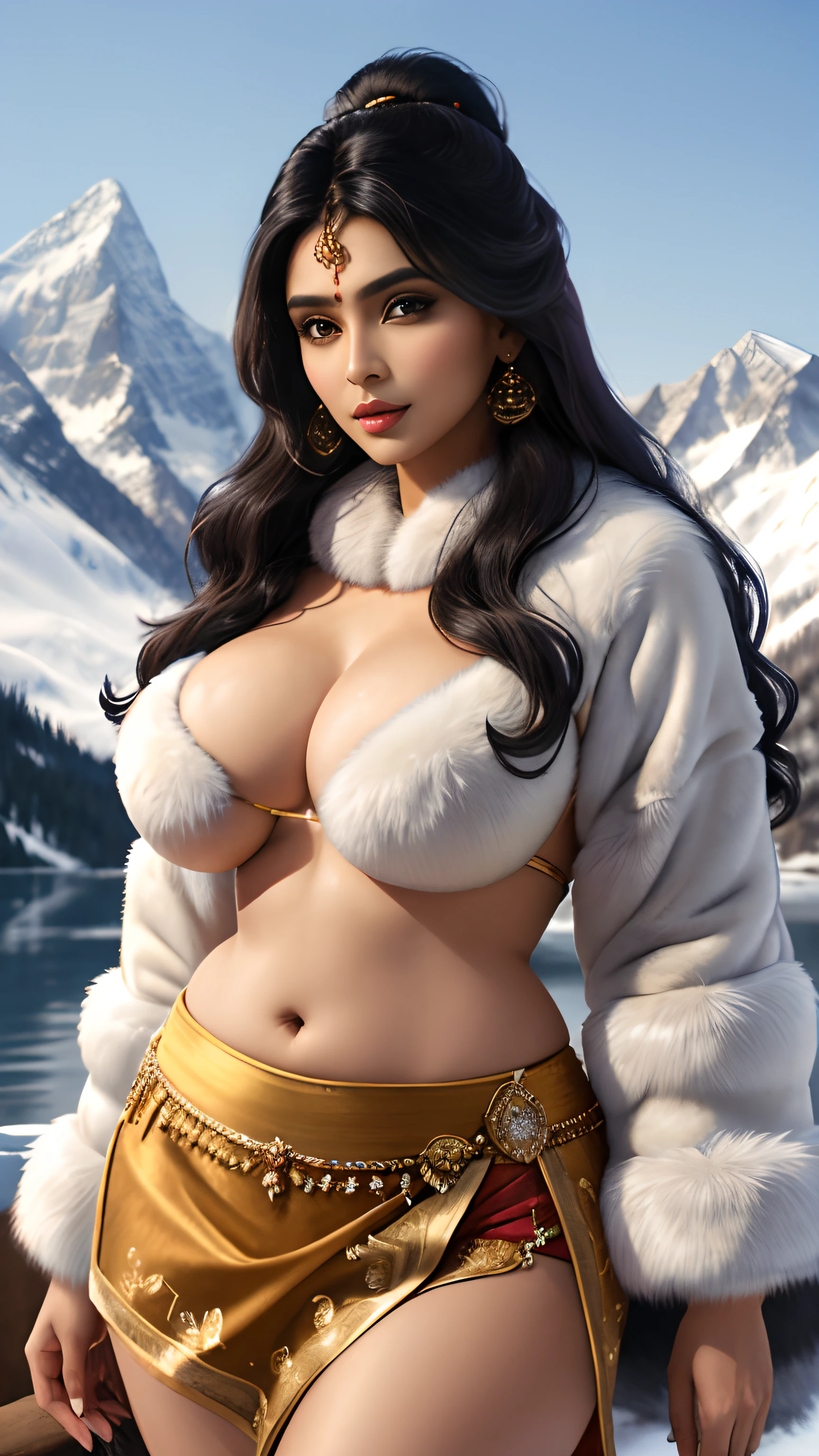 Beautiful indian woman posing, photoshoot pose, portrait, wearing fur coat and short skirt, standing on ice, winter, detailed face, cute, big eyes, iconic, photorealistic, mountain village, detailed background, big breasts, sexy winter clothing, long wavy hair, curvy body, symmetric face, masterpiece, 8k, ultra realistic