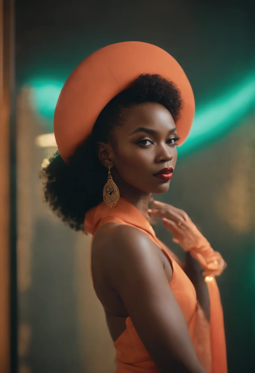 Imagine an elegant Afro-educated woman standing confidently in front of a neon sign that reads "Pot of Gold." The image captures the style of the early 2020s and features a photo of the woman's full body, who is approximately 25 years old. The celestial background is filled with soft, Couleurs pastel. She is dressed casually, exuding an air of African dominatrix mistress. This is an outfit photo that serves as her profile picture. Execute this vision in retro-inspired photographic style, Using a vintage film camera with a 50mm prime lens, Capturing the essence of the era. --ar 16:9 --V 5