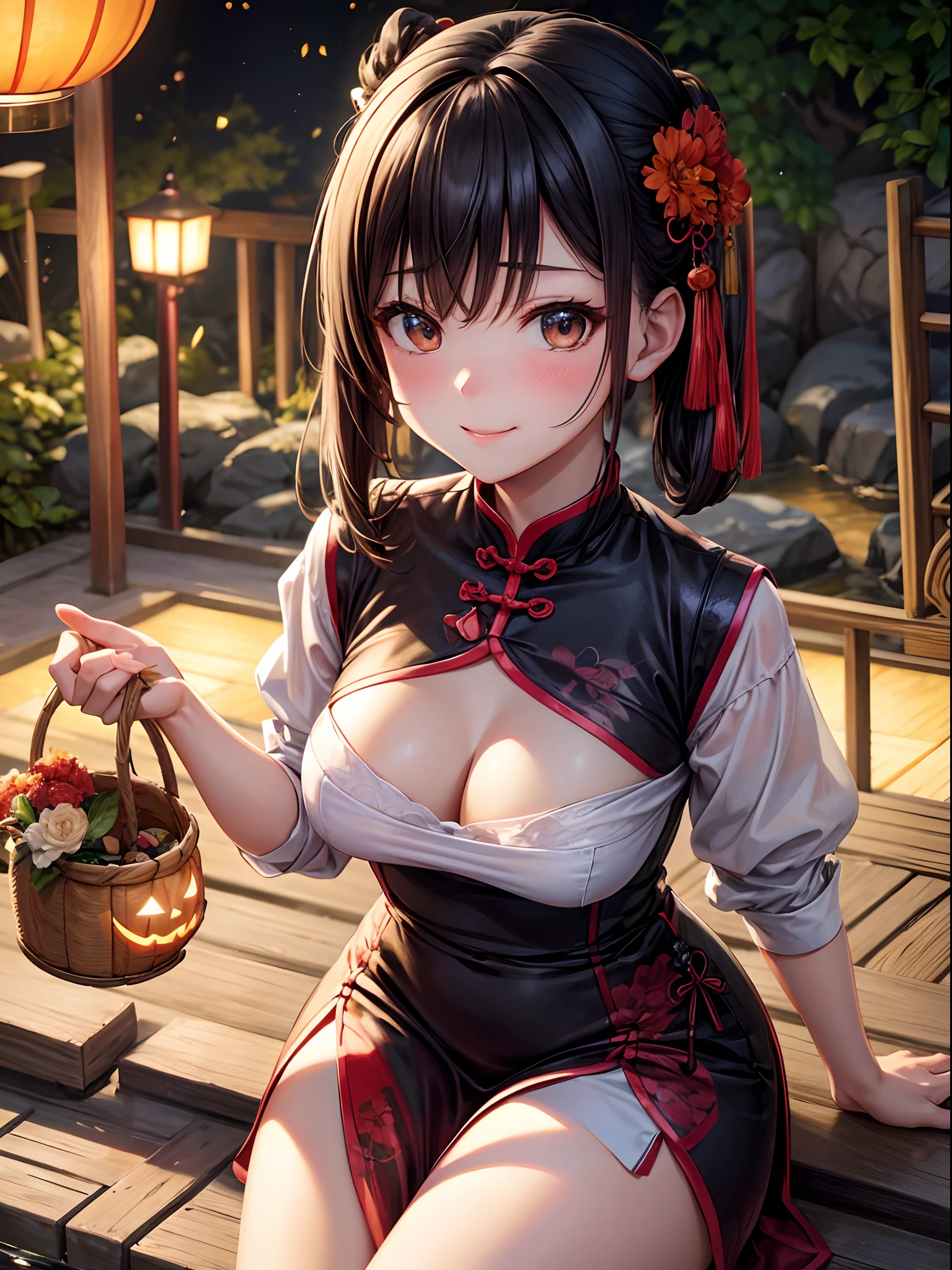 Sitting girl, qipao dress、Wear black knee-high socks、3rd degree W6 Bob Hair. She spreads her right hand forward. cleavage sitting on fallen leaves,,,,,,,. The background is vast, Admire breathtaking foliage views. She is a teenager, Extremely cute, Close one eye and smile. She has golden hair, Blushing cheeks, ・Forward bending posture. The ground is covered with fallen leaves. She winks with a twinkle in her eye, There is a flashing effect. She looks up with her gaze. hot onsen、Onsen at night、In terms of image quality, It must have the best quality, Requires 4K or 8K resolution, And become a masterpiece. Images need ultra-detailed elements, Be realistic or photorealistic, Has HDR, nffsw, Studio Lighting. Images must be ultra-fine, Sharp focus and physically based rendering. The colors are vivid、The overall tone should be based on the autumn season. Opening the basket、qipao dress、A smile、Eat meat buns、Halloween、Enjoy Chinese food、the kiss