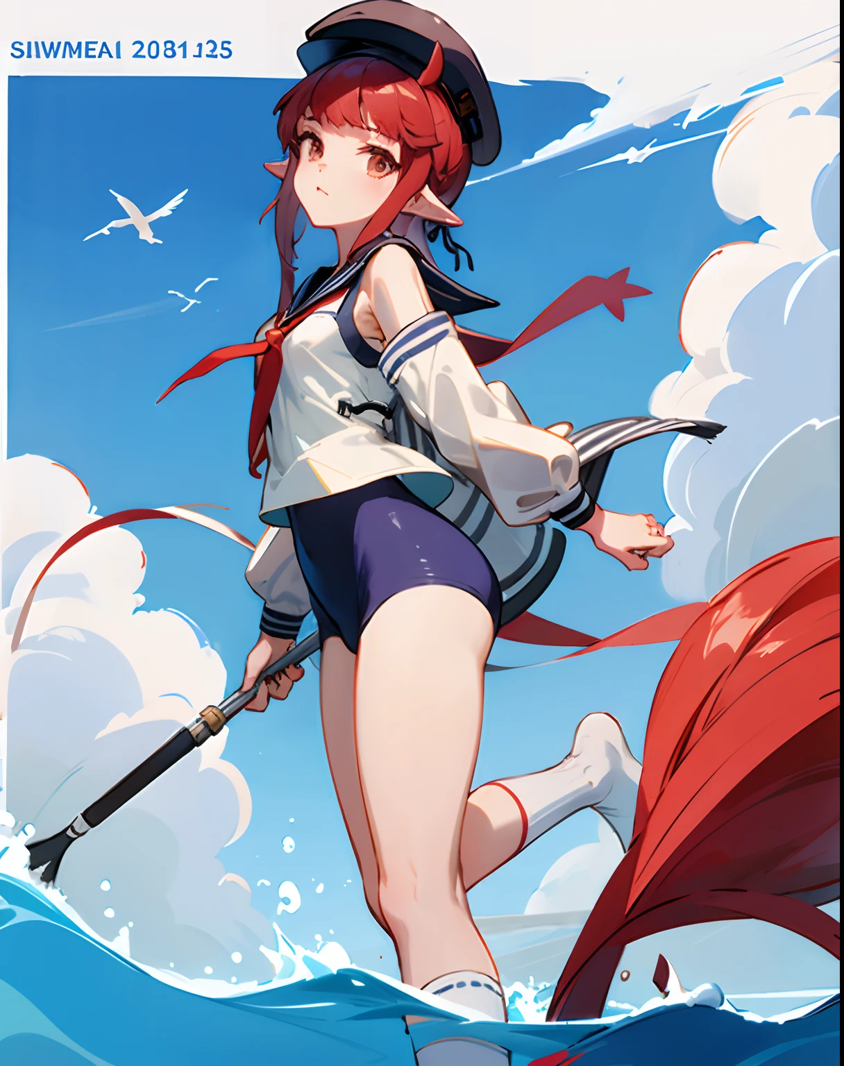 cropped shoulders，knee length socks，Stand up，With a hat on，standing straight，without wearing shoes，swimming uniform，a sailor suit