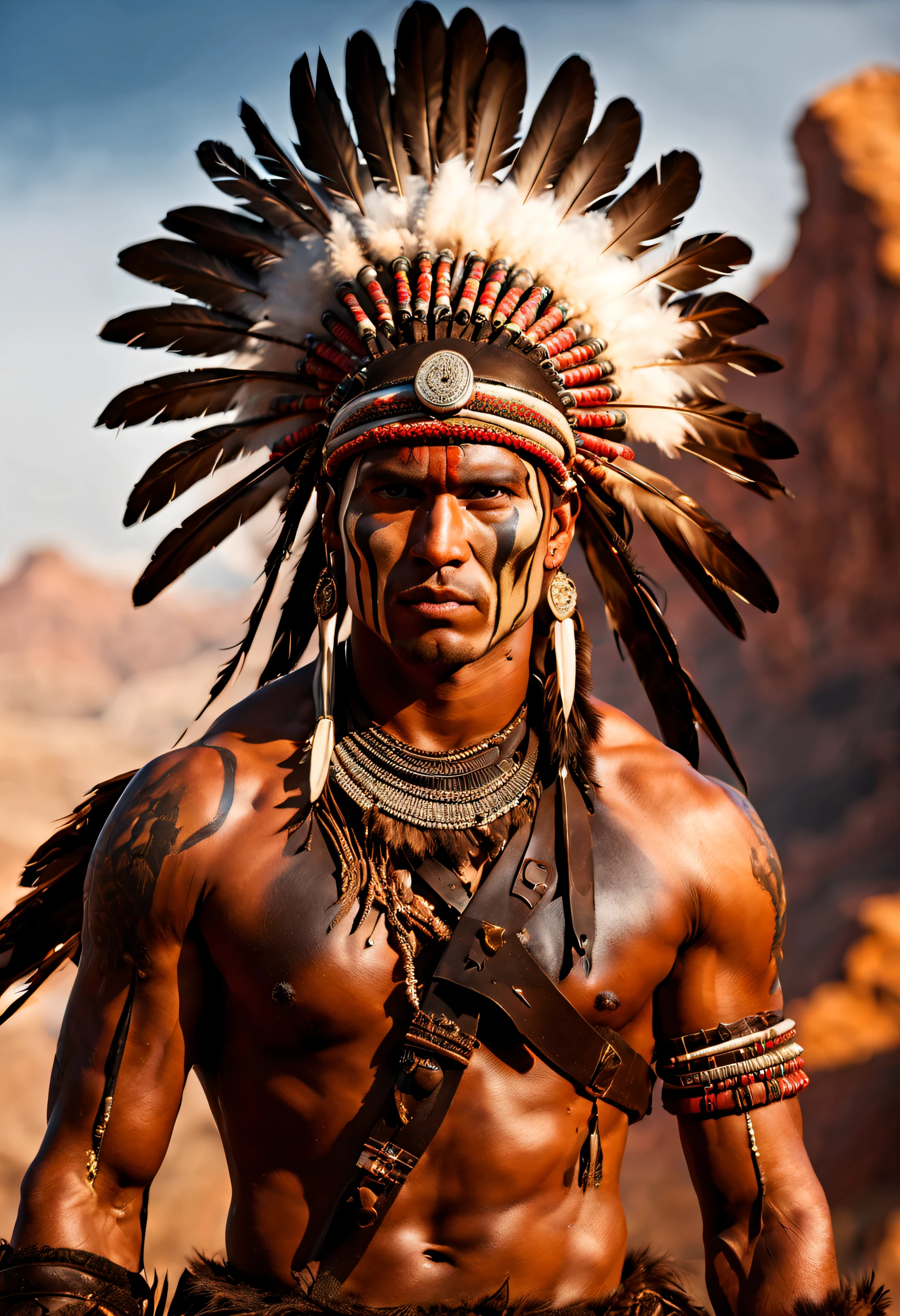 (best quality, ultra detailed, realistic: 1.37), Mohican warrior, facing straight ahead, brave and fierce, muscular build, piercing eyes, determined expression, elaborate feather headdress, hair braided with beads and feathers, mud and paint war on the face, body covered in traditional leather and fur clothing, holding a long, decorated spear, standing on a rocky cliff overlooking a vast desert, under golden sunlight, with dramatic shadows emphasizing strong features of the warrior, vivid colors that show the vibrant native culture and the beauty of nature.