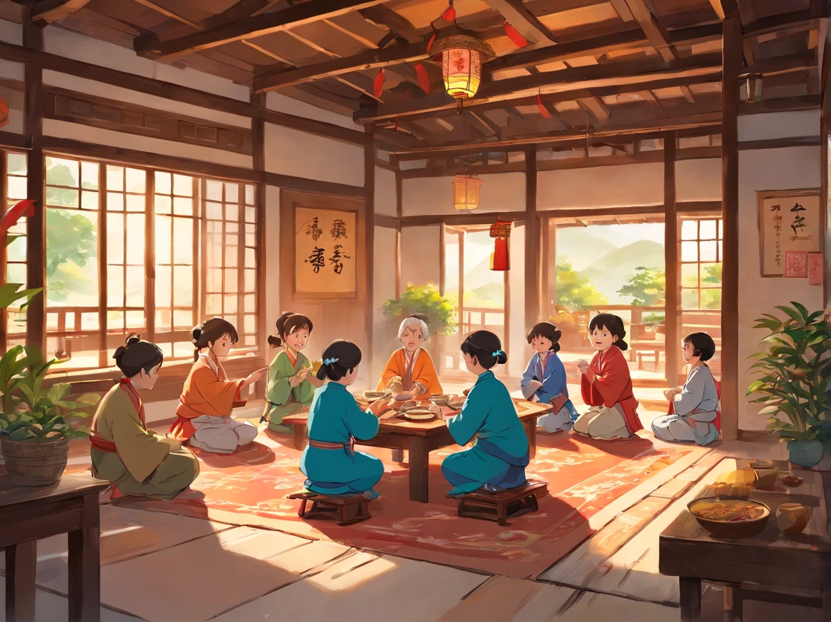 A group of elderly people enjoy breakfast at a round table in a traditional rural setting in Guangxi Autonomous Region. The scene depicts the vibrancy of the local culture and the warmth of the festive celebration. The old man was engrossed in eating, Taste traditional cuisine,Share stories and laugh. The round table symbolizes unity and harmony within the community. meanwhile, Children happily play on the floor, Add liveliness and innocence to the scene. Details: - Elders wear traditional clothing, Reflecting the rich cultural heritage of the region. (Traditional clothing) - Breakfast on the table includes local delicacies, Such as steamed buns, rice cake, and rice porridge. (Steamed buns, rice cake, Rice porridge) - The table is beautifully decorated,Complete with colorful tablecloths and festive decorations, Enhance the celebratory atmosphere. (Colorful tablecloths, festive decorations) - Rooms are decorated with traditional artwork and ornaments, Show the charm of Guangxi countryside. (Traditional artwork, decorations, Rural charm) - The sunlight coming in through the windows casts a warm glow on the site, Create a comfortable and warm atmosphere. (Sunlight, Warm glow) - Children playing on the floor happily participate in traditional games, Such as kicking badminton or origami. (Traditional games, Badminton kick, origami) - The room was spacious, There are wooden beams and thatched roofs, Depicting the traditional architecture of the area. (spacious room, Wooden beams, thatched roof) - The old man talks with all his attention, Emphasize the strong bond and sense of community between them. (Concentrate on the conversation, Strong bonding) - The air is filled with cheerful laughter and the aroma of freshly brewed tea, Further enhance the festive spirit. (Joyful laughter, The aroma of freshly brewed tea) Image quality: (Best quality, 4K, 8K, high resolution, Masterpiece:1.2), Urt