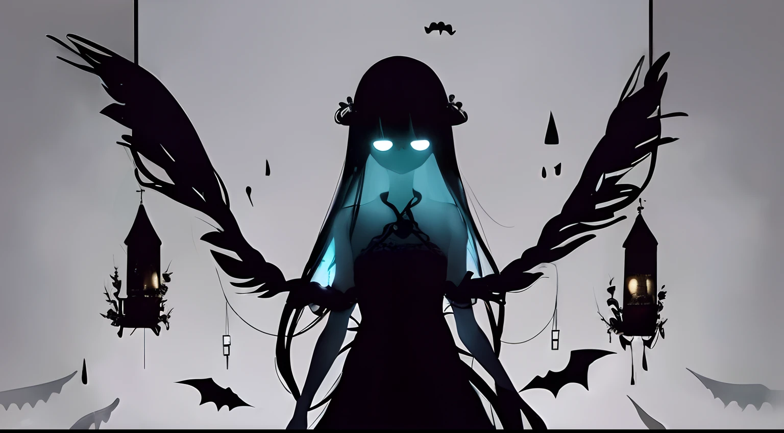 (a very delicate and beautiful)、(Maniacal)、haunted、laugh face、The human、Disgusting、canny、terrifying、独奏、(silhuette)、(、dark backgrounds、Black figure、(silhuette)、skinny body、The long-haired、