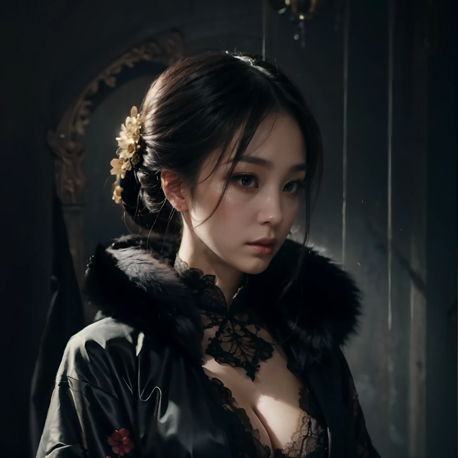 Official Art, Unity 8k wallpaper, super detailed, beautiful, beautiful girl, wearing black clothing, masterpiece, best quality, dark, atmospheric, mystical, romantic, creepy, literature, art, fashion, showa era, decoration, intricacies, fur products, lace, contemplation, emotional depth, supernatural, kimono 1girl, solo, neck, bust composition