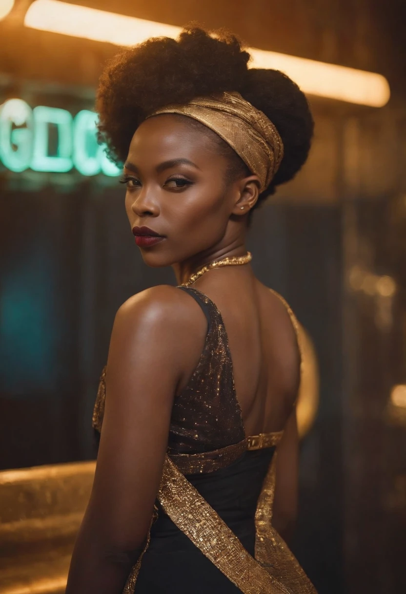 Imagine an elegant Afro-educated woman standing confidently in front of a neon sign that reads "Gold jar." The image captures the style of the early 2020s and features a photo of the woman's full body, who is approximately 25 years old. The celestial background is filled with soft, couleurs pastel. She is dressed casually, exuding an air of an African dominatrix mistress. This is an outfit photo that serves as her profile picture. Execute this vision in retro-inspired photographic style, Using a vintage film camera with a 50mm prime lens, Capturing the essence of the era. --ar 16:9 --V 5