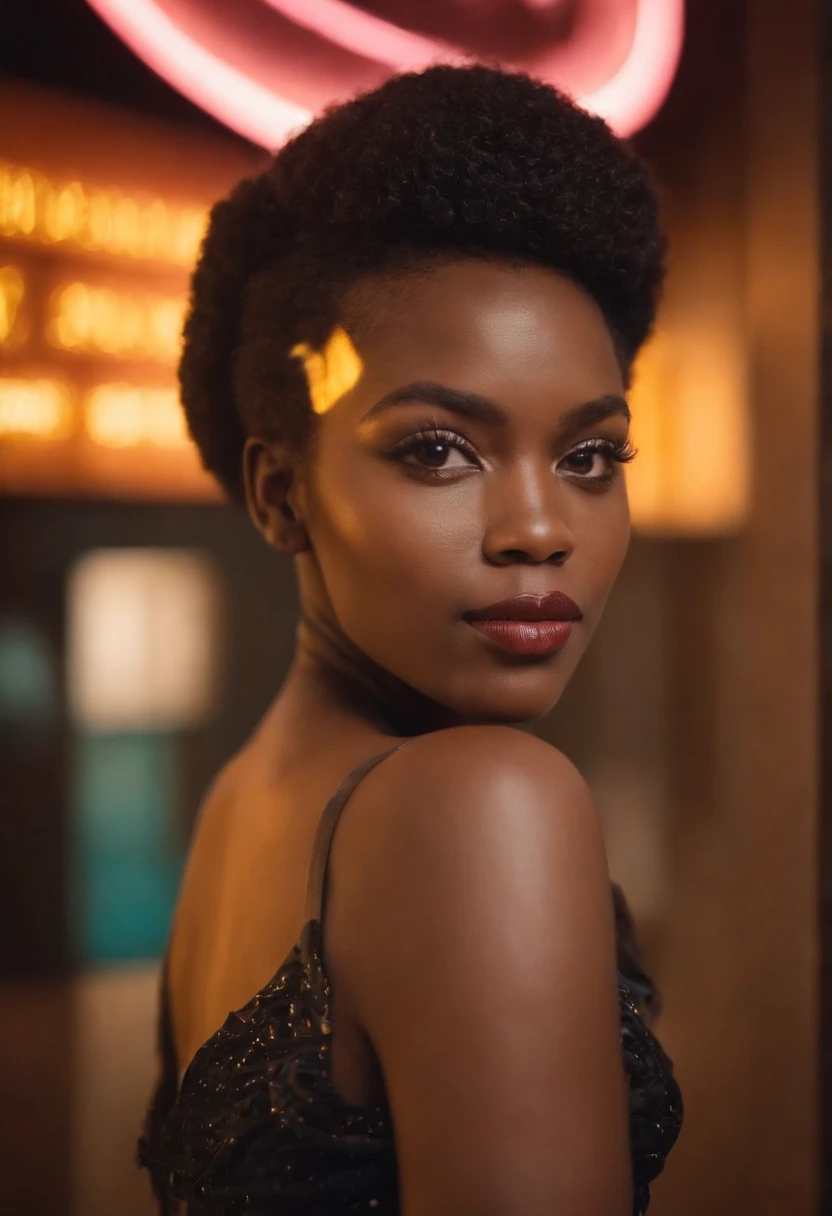 Imagine an elegant Afro-educated woman standing confidently in front of a neon sign that reads "Gold jar." The image captures the style of the early 2020s and features a photo of the woman's full body, who is approximately 25 years old. The celestial background is filled with soft, couleurs pastel. She is dressed casually, exuding an air of an African dominatrix mistress. This is an outfit photo that serves as her profile picture. Execute this vision in retro-inspired photographic style, Using a vintage film camera with a 50mm prime lens, Capturing the essence of the era. --ar 16:9 --V 5
