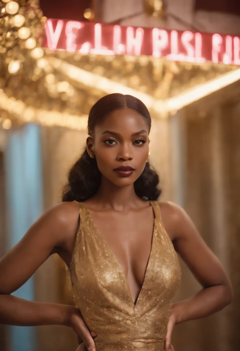 Imagine an elegant Afro-educated woman standing confidently in front of a neon sign that reads "Gold jar." The image captures the style of the early 2020s and features a photo of the woman's full body, who is approximately 25 years old. The celestial background is filled with soft, couleurs pastel. She is dressed casually, exuding an air of an African dominatrix mistress. This is an outfit photo that serves as her profile picture. Execute this vision in retro-inspired photographic style, Using a vintage film camera with a 50mm prime lens, Capturing the essence of the era. --ar 16:9 --V 5