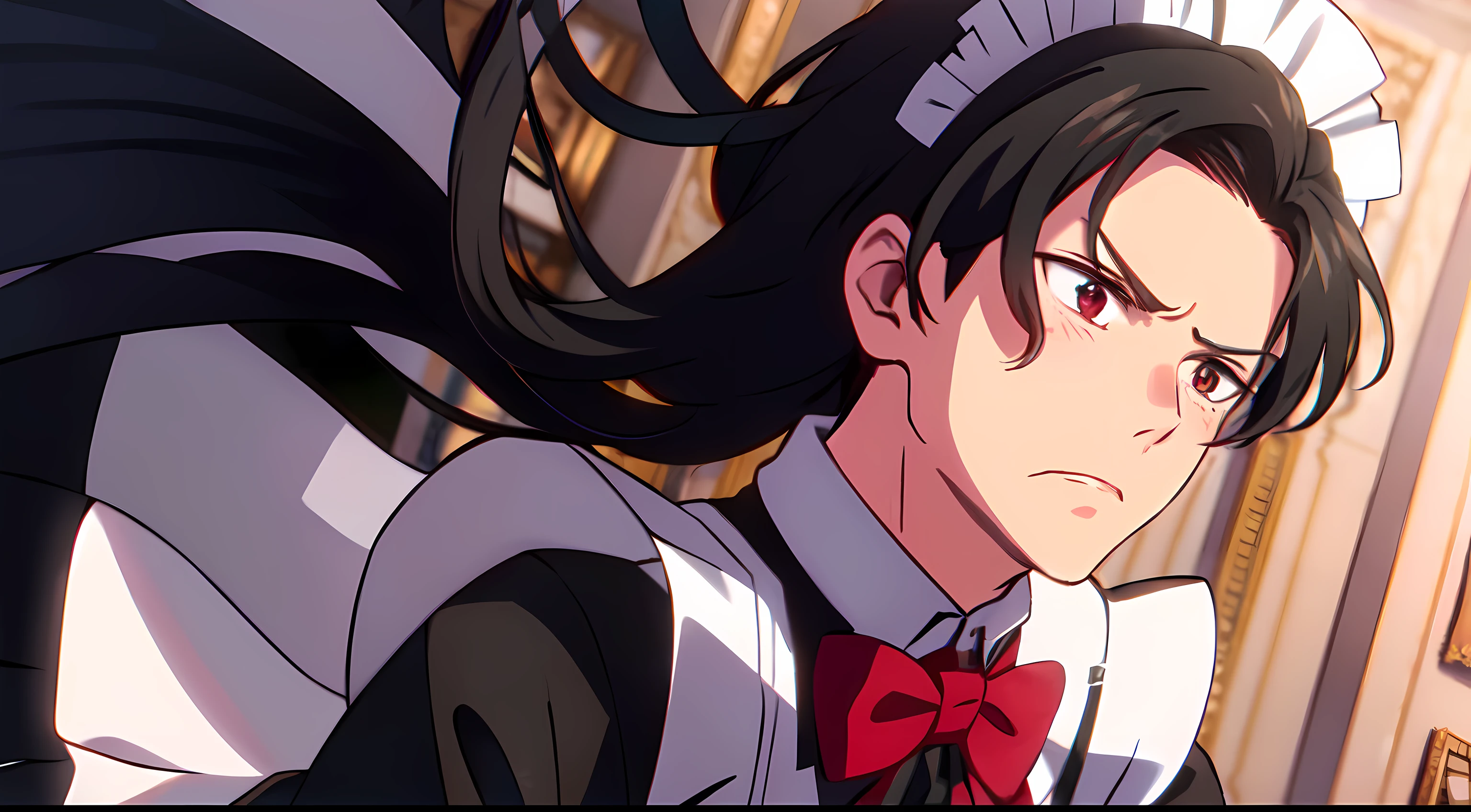 masterpiece, (1Man), luci, red eyes, black hair, maid outfit, maid head accessories, flustered, angry blush, looking away