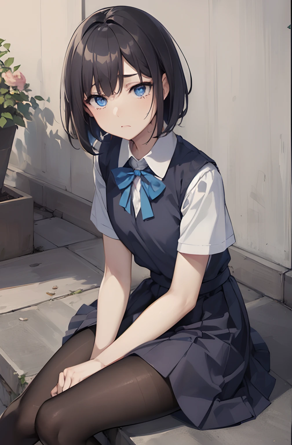 masutepiece:1.2, Best Quality, ((ultra-detailliert)), High resolution, 2D, Anime style , Photo, Photography, Detailed background, (1boy,otoko no ko, Feminine,flat chest),Cute face,Short hair,bob cuts,(Black hair),makeup, Break Solo,(drooing eyes:1.3),17 years old,((Blue eyes;1.2 )),embarrassed,(Black pantyhose),{{sitting on the floor and clenching knees}},Schoolyard, school uniform,Break Pastel Colors:1.4, Solid Paint:1.2, Saturated color, contour lines,{side view}