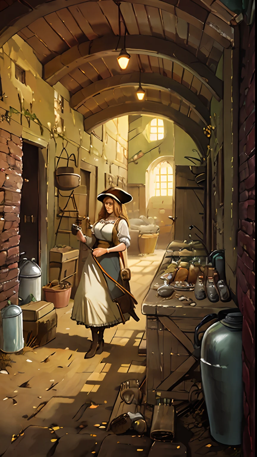 A scene showing the woman dressed as a farmer milking the cows in the stable.