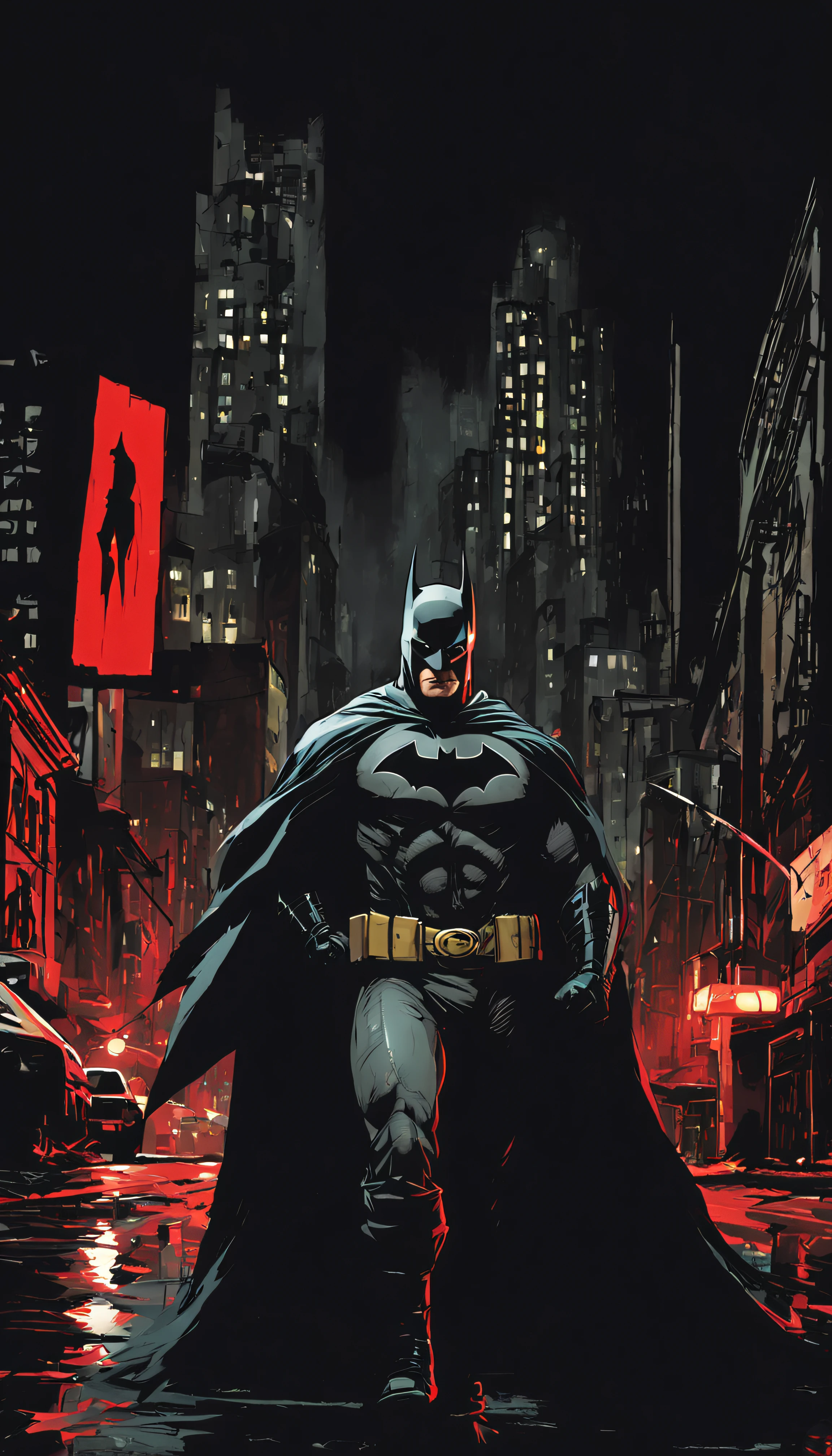 Explore the dark and gritty streets of Gotham City as Batman, the caped crusader, in a stunning noir-style rendering that captures the brooding atmosphere of the city.”to futuristic bad eyes, red eyes