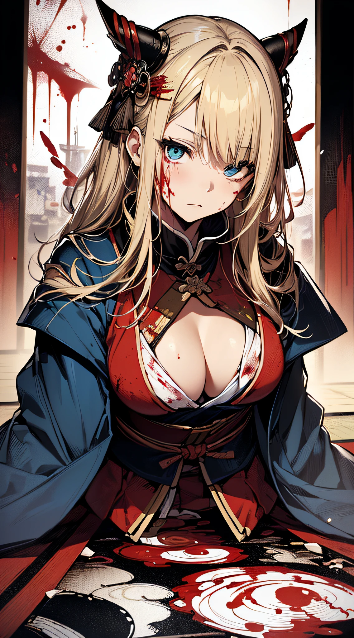 top-quality、Top image quality、masterpiece、girl with((cute little、18year old、Best Bust、Medium bust、Bust 85,Beautiful blue eyes、Breasts wide open,Valley、Blonde long hair、A slender、Disheveled black samurai costume、Exhausted face,He holds a sword in his right hand Japan、black and white color scheme、systemic return blood、Reflecting the whole body、sit in、all-fours))hiquality、Beautiful Art、Background with((Japanese-style room、The screen is covered in blood、Bloody tatami mats、Bloody fusuma、Shoji with blood)),masutepiece、Elaborate design、visualart、depth of fields、The best lighting、highestdetailed、8k,、Art of Kurosawa World