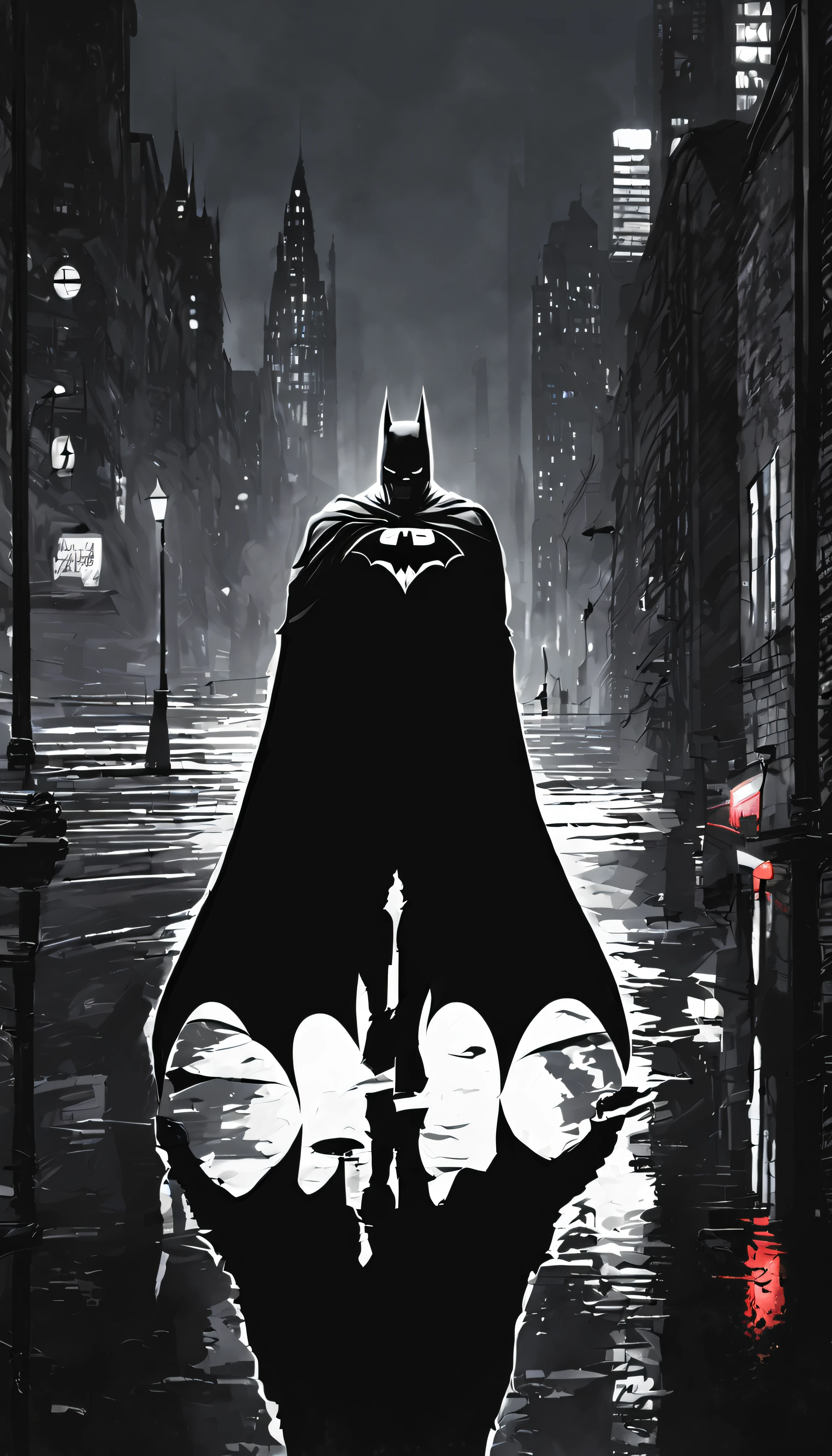 Explore the dark and gritty streets of Gotham City as Batman, the caped crusader, in a stunning noir-style rendering that captures the brooding atmosphere of the city.”to futuristic bad eyes, red eyes
