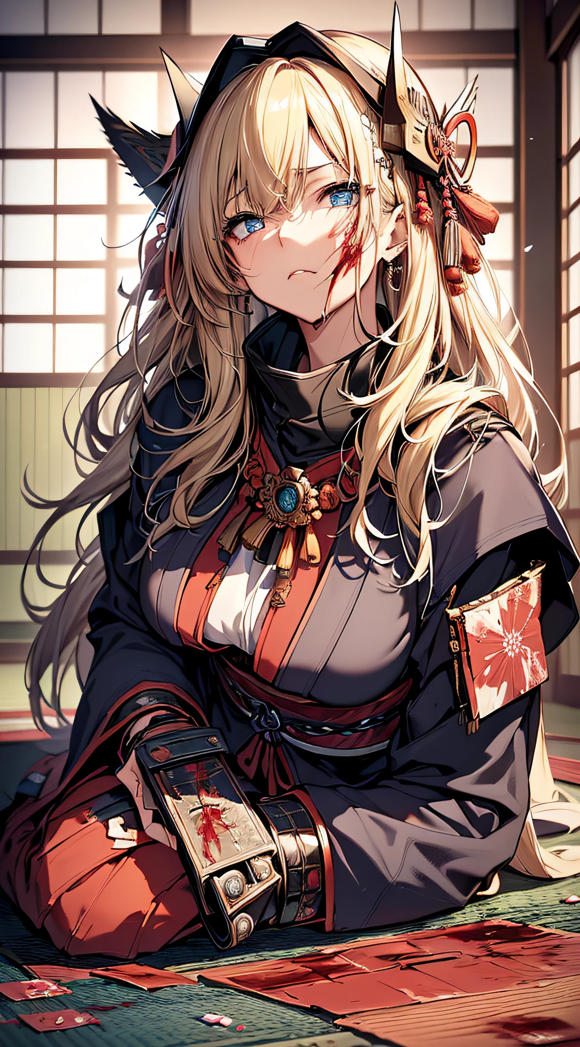 top-quality、Top image quality、masterpiece、girl with((cute little、18year old、Best Bust、Medium bust、Bust 85,Beautiful blue eyes、Breasts wide open,Valley、Blonde long hair、A slender、Disheveled black samurai costume、Exhausted face,He holds a sword in his right hand Japan、black and white color scheme、systemic return blood、Reflecting the whole body、laying on back))hiquality、Beautiful Art、Background with((Japanese-style room、The screen is covered in blood、Bloody tatami mats、Bloody fusuma、Shoji with blood)),masutepiece、Elaborate design、visualart、depth of fields、The best lighting、highestdetailed、8k,、Art of Kurosawa World