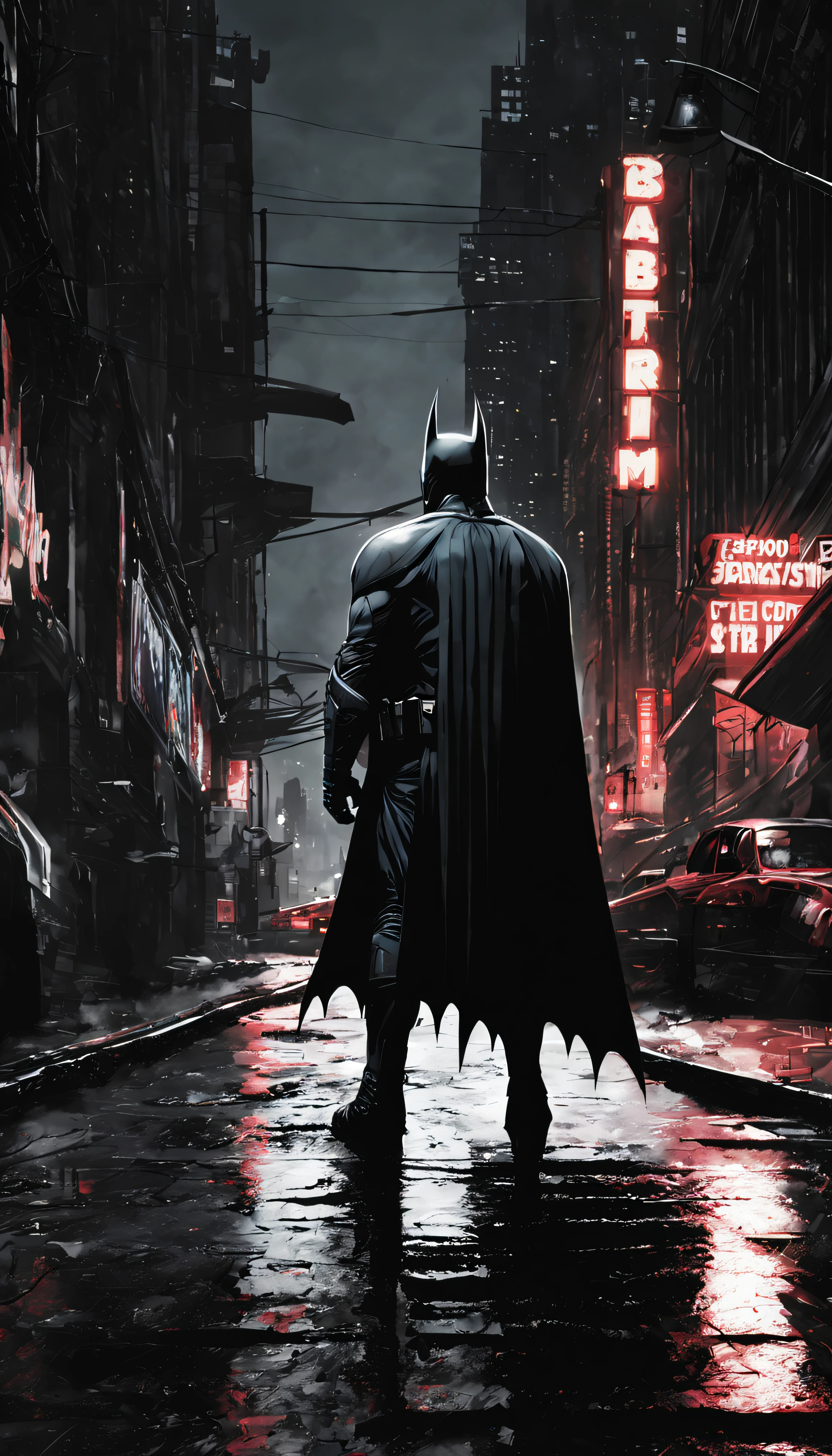 Explore the dark and gritty streets of Gotham City as Batman, the caped crusader, in a stunning noir-style rendering that captures the brooding atmosphere of the city.”to futuristic bad eyes, red eyes