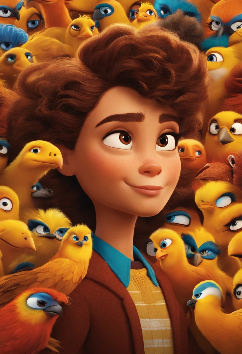 um poster de filme no estilo disney pixar .personagem com olhos castanhos,cabelo curto ,usa jaqueta preta com amarelo, sentado na frente do computador , nome do poster  "Phoenix Social Media "