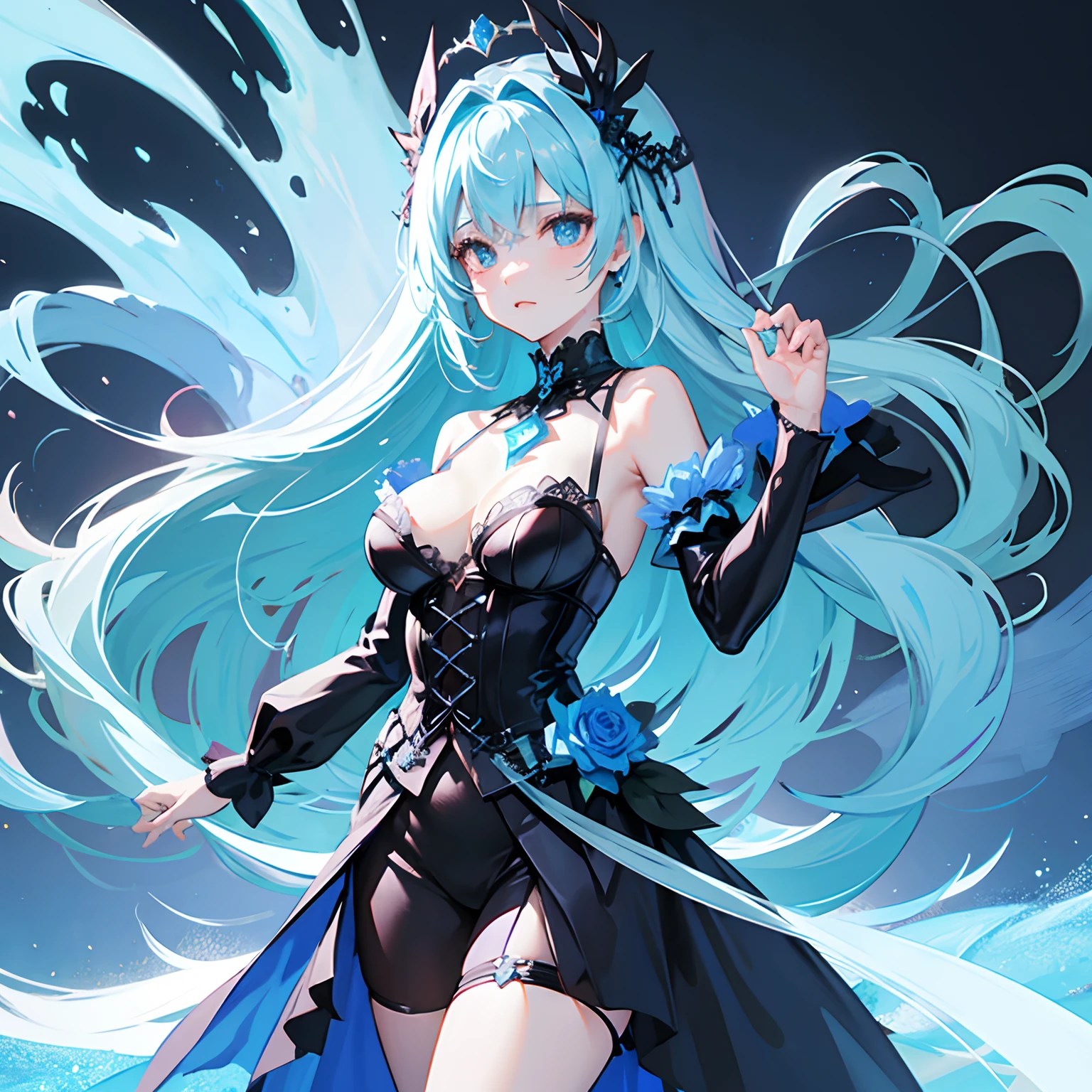 Gothic,Ice blue super long hair,Tsundere,Blue rose