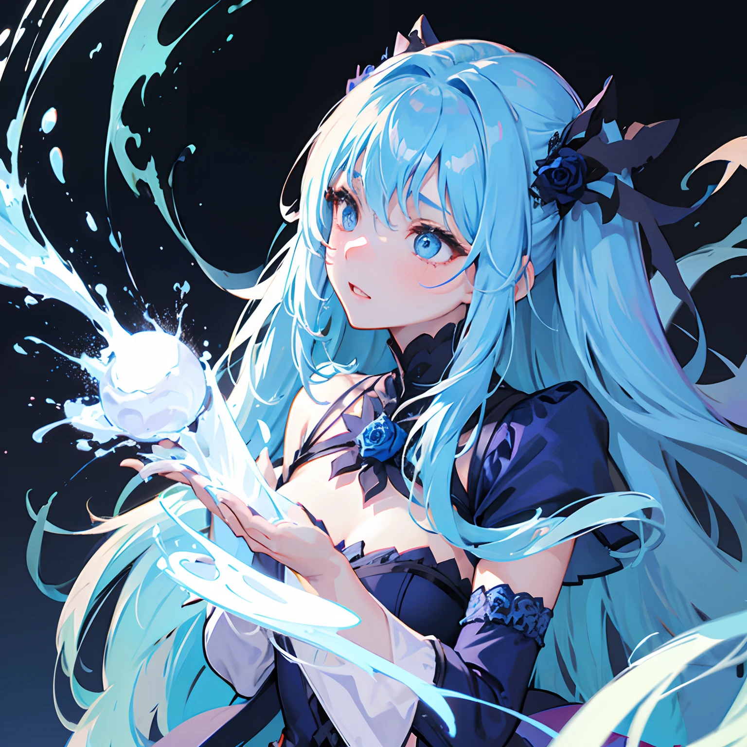 Gothic，Ice blue super long hair，Tsundere，Blue rose