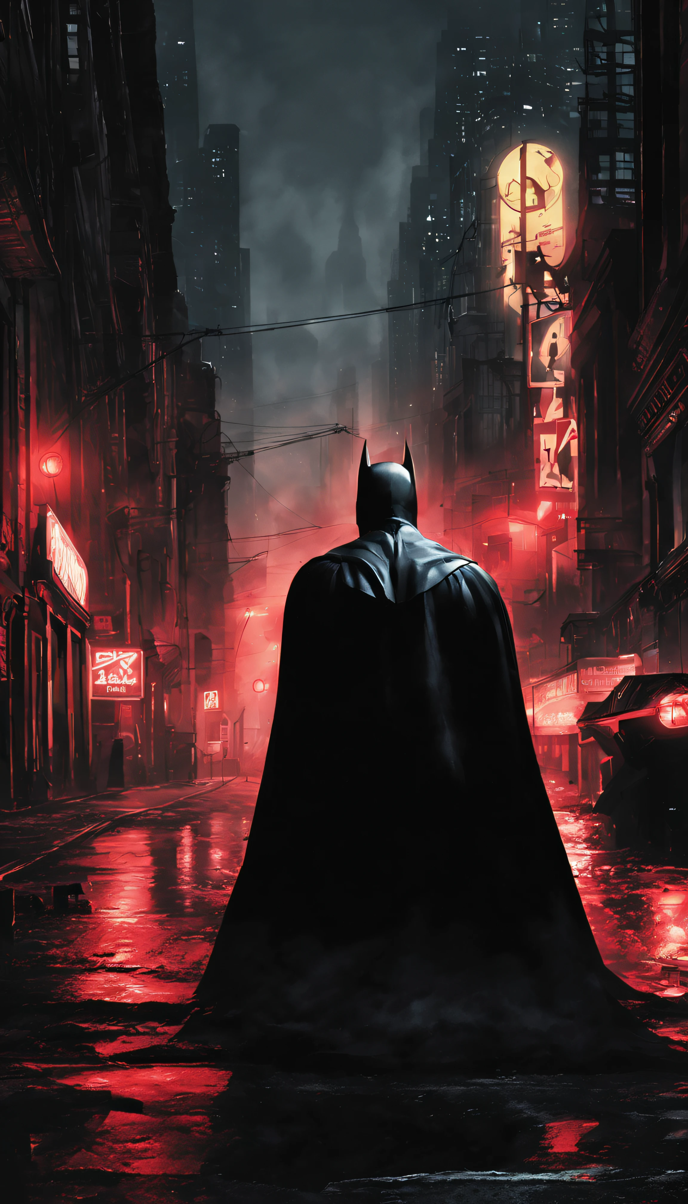 Explore the dark and gritty streets of Gotham City as Batman, the caped crusader, in a stunning noir-style rendering that captures the brooding atmosphere of the city.”to futuristic bad eyes, red eyes