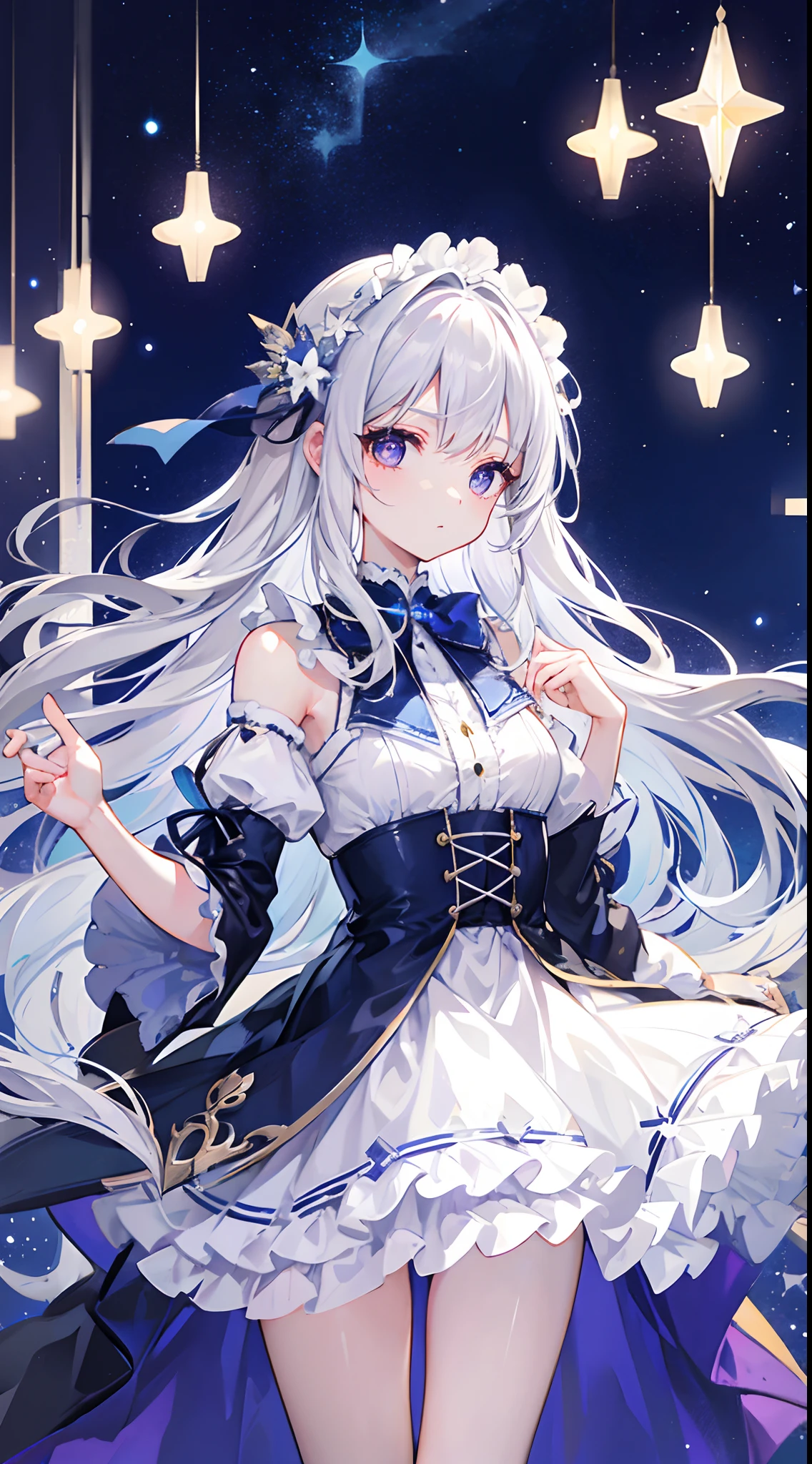 Long silver-white hair and waist，Scattered hair curtains，Two strands of hair curtain，Deep purple eyes，high light，Loving pupils，Gorgeous turn，Like dancing，Dark blue sailor dress off-the-shoulder dress，The skirt fluttered as she turned，White bloomers show some，Light blue bow tie，Crystal hairpin，Under the stars at night，，chiquita，Medium build，Surrounded by broken glass fragments，Shiny shiny