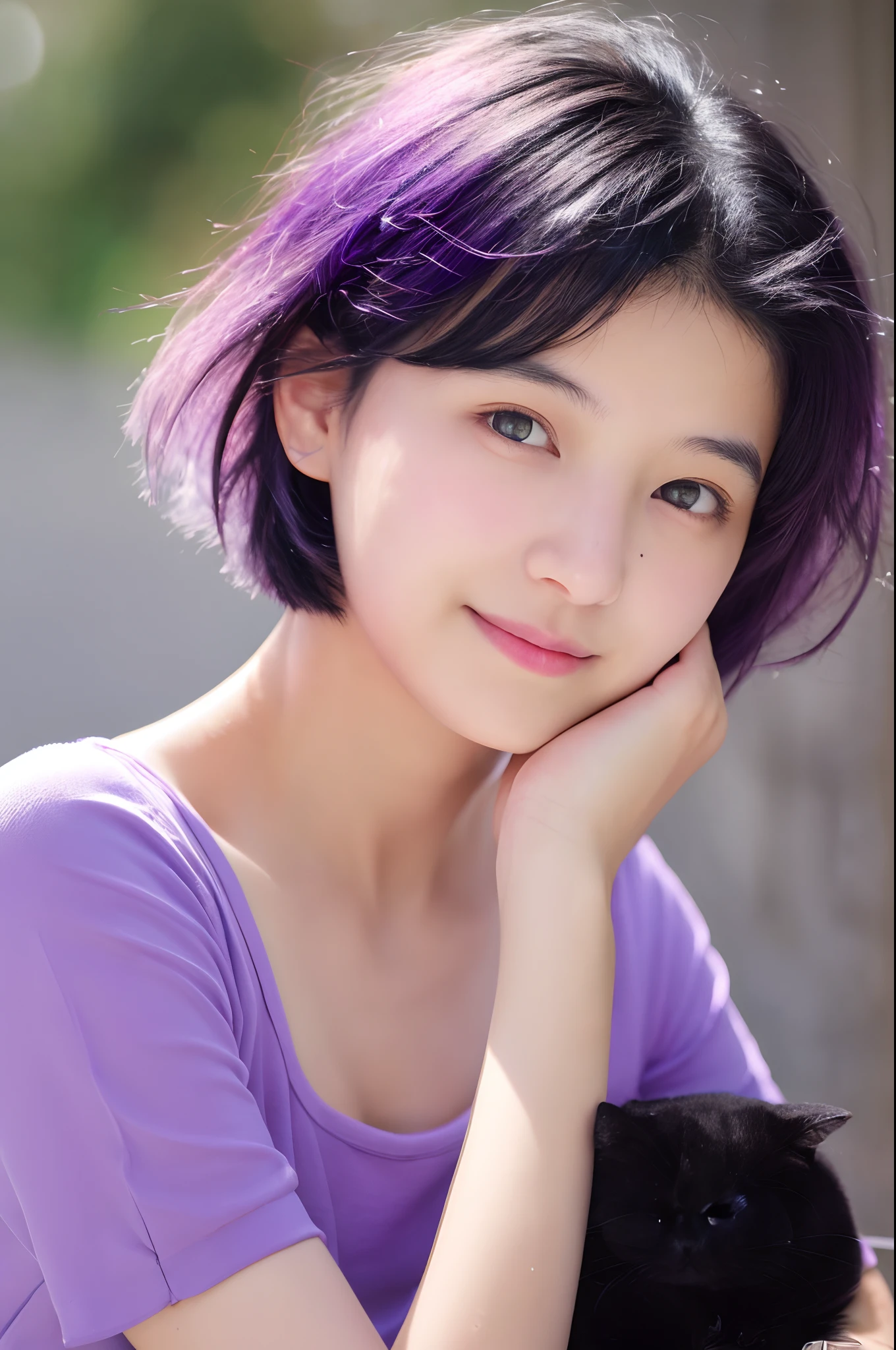  girl with black short hair, adorable, light purple top.